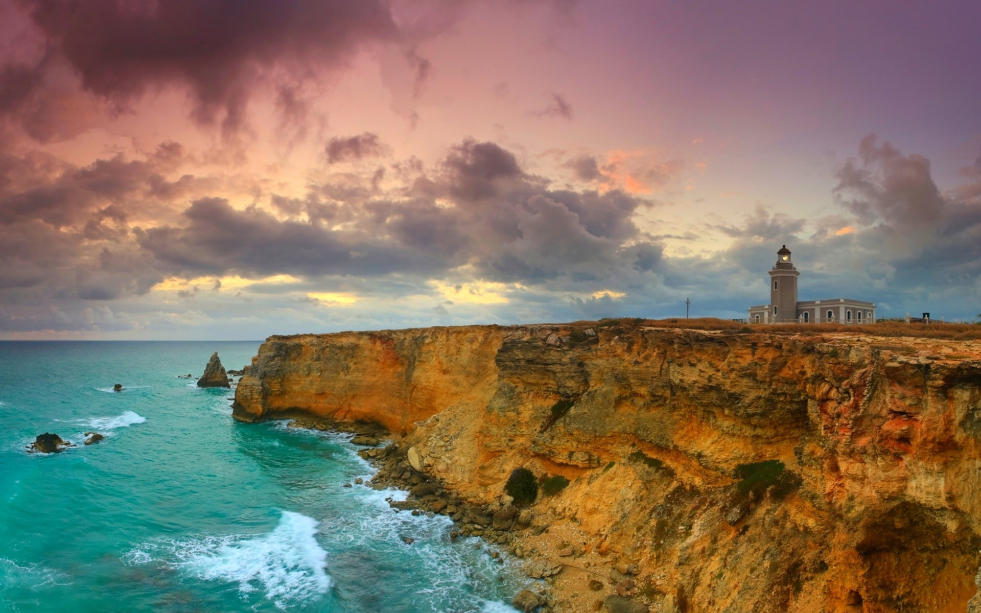 lighthouse, cliff, sea, rock, clouds, sunset, Puerto Rico, island