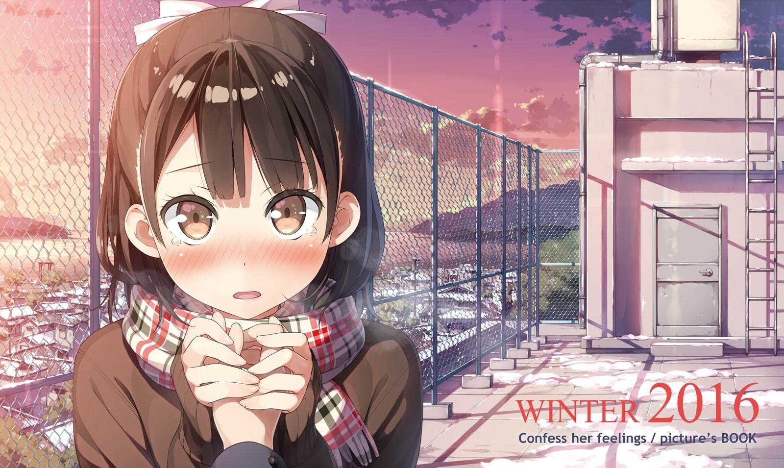 kantoku, anime girl, school rooftop, scenic, sunset, scarf