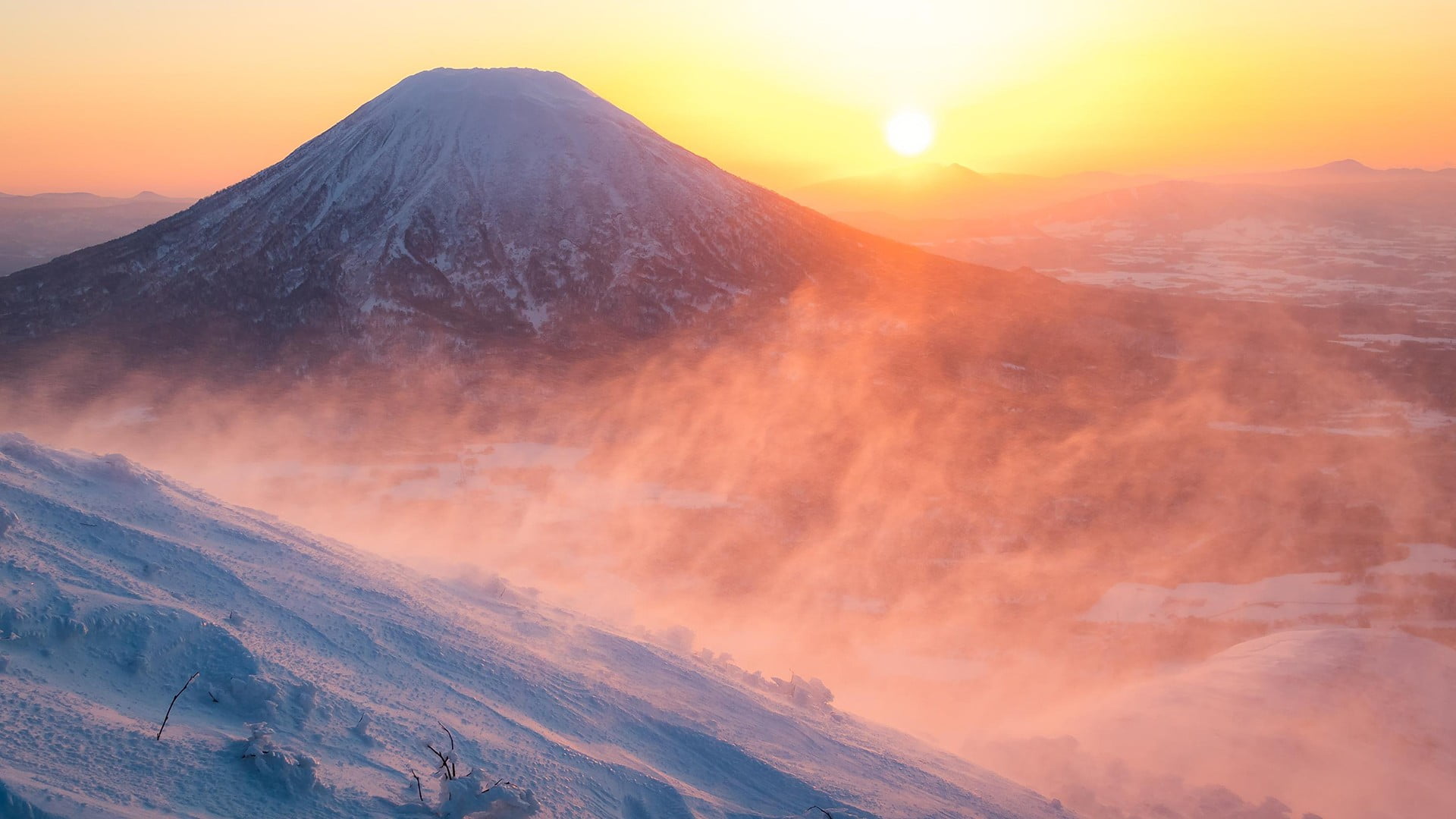snow covered mountain during daytime, sunrise, mount Yotei, Japan
