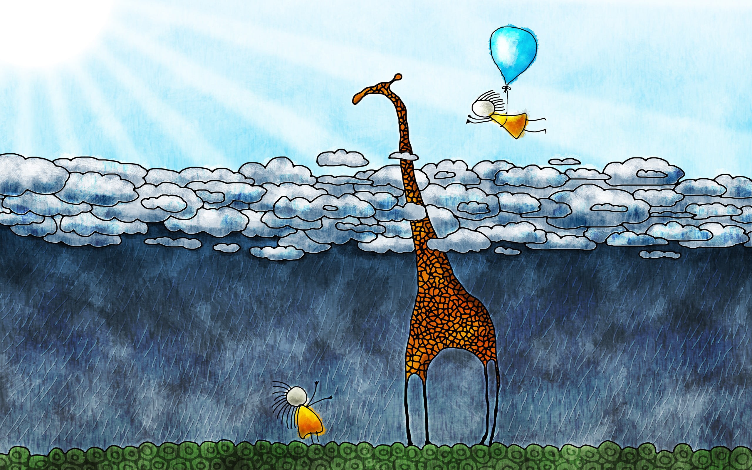 giraffe two boy and clouds painting, artwork, anime, balloon