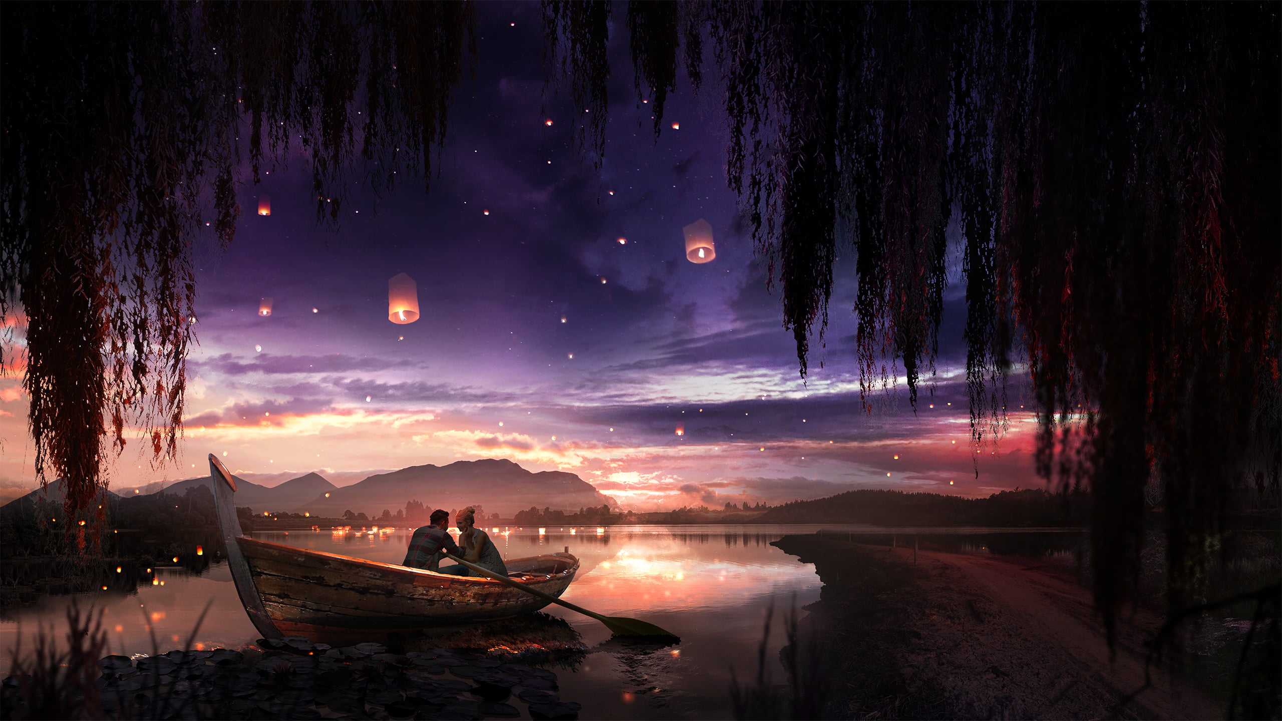 t1na, artwork, boat, willow trees, Lanterns, sunset