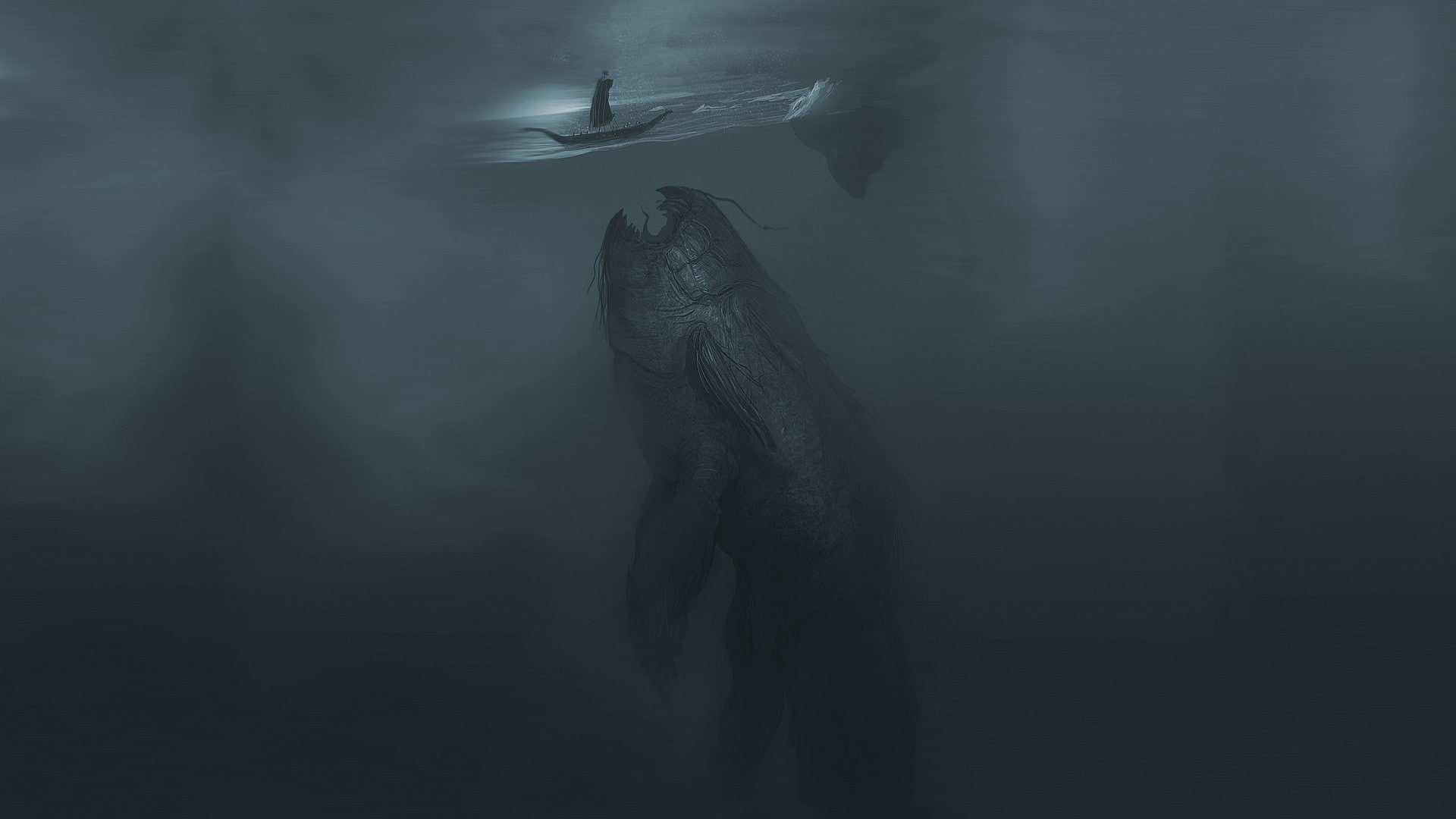 Fantasy Art, Creature, Underwater, Boat, sea monster artwork