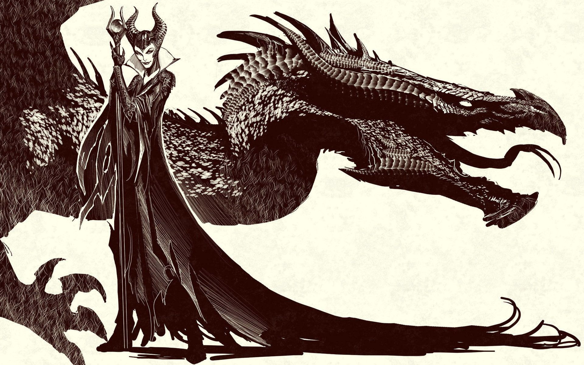 Maleficent - Sleeping Beauty, maleficent and dragon illustration