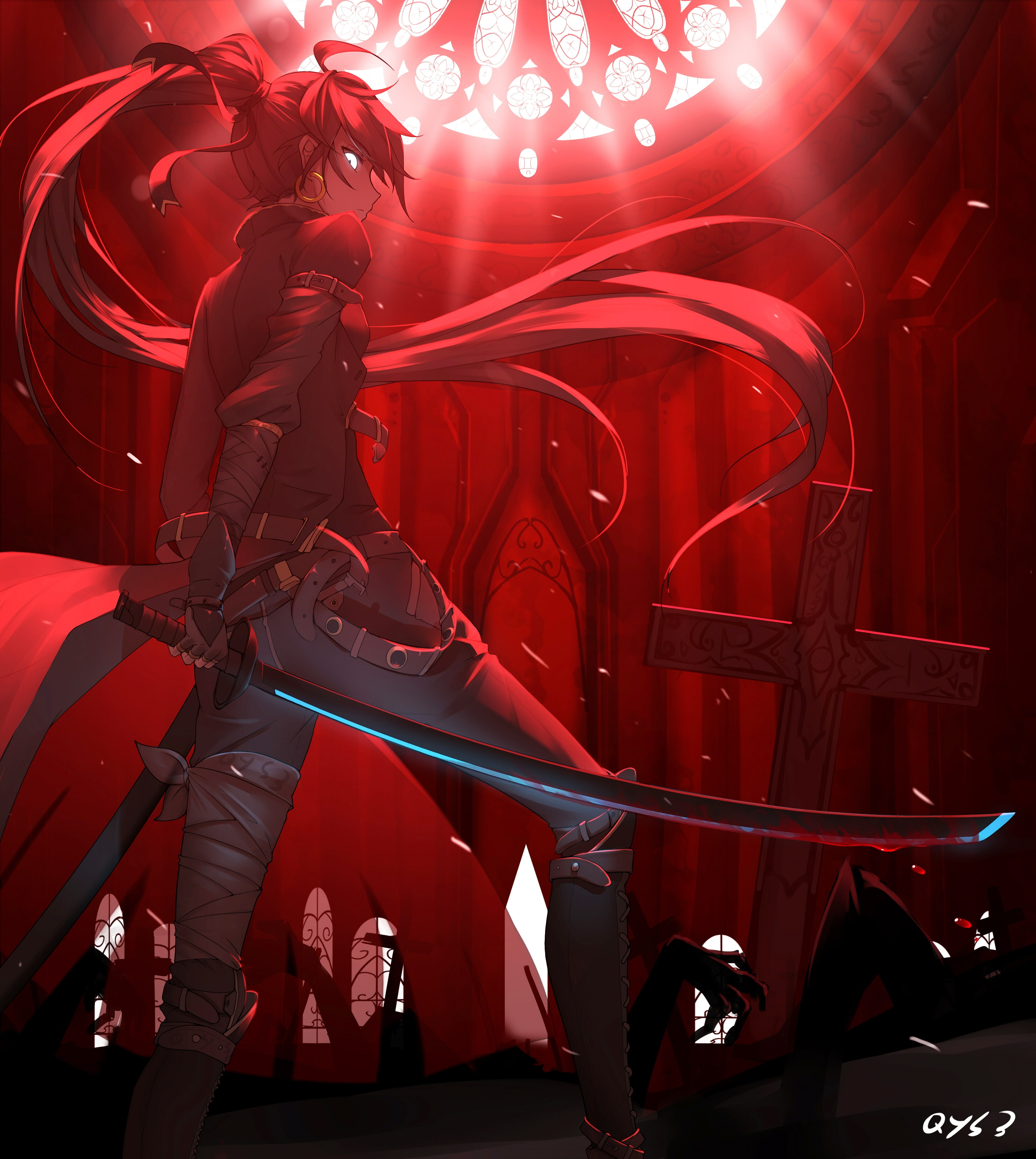 anime girl, sword, back view, dark theme, red, people, occupation