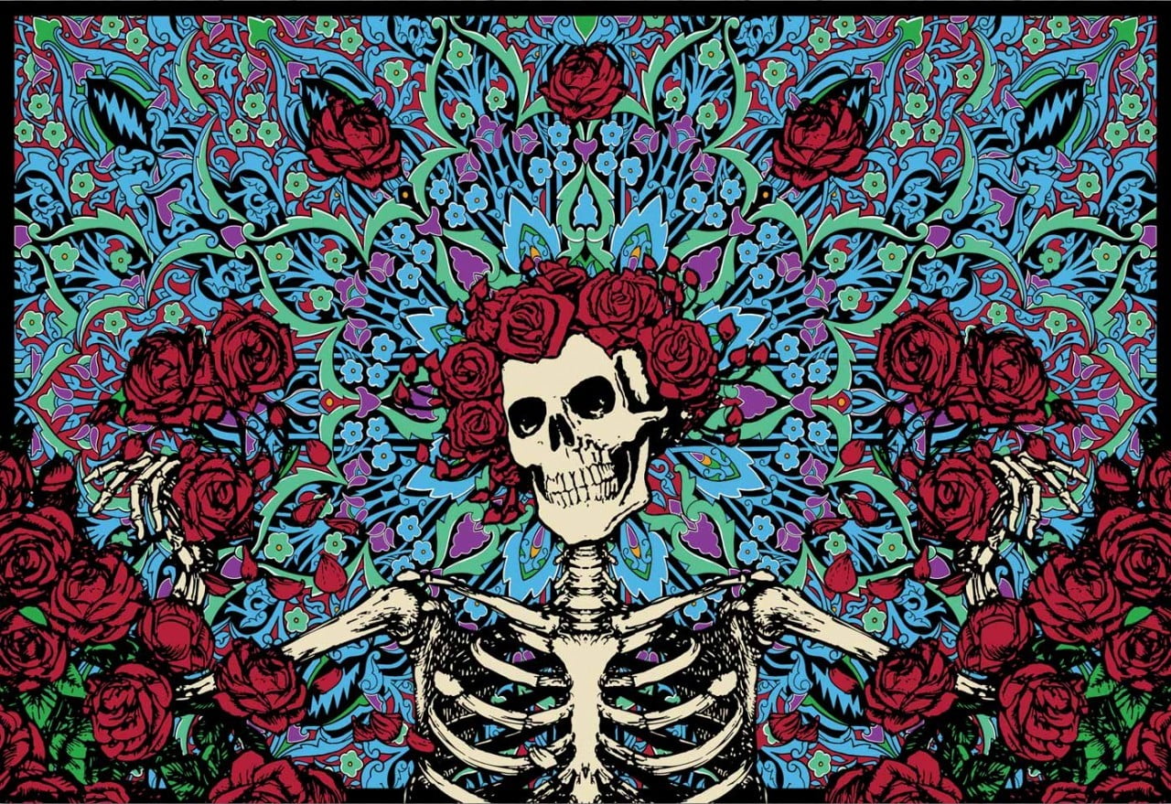 red, blue, and white floral textile, skeleton, skull, Dia de los Muertos