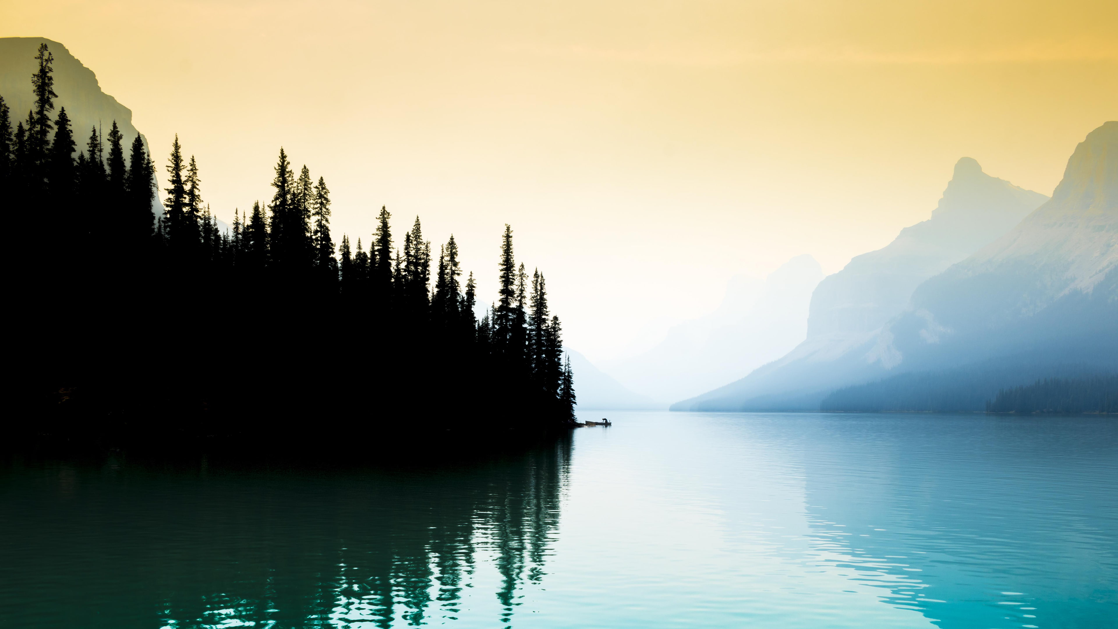 Alberta, boat, lake, Lake Maligne, landscape, mist, mountains