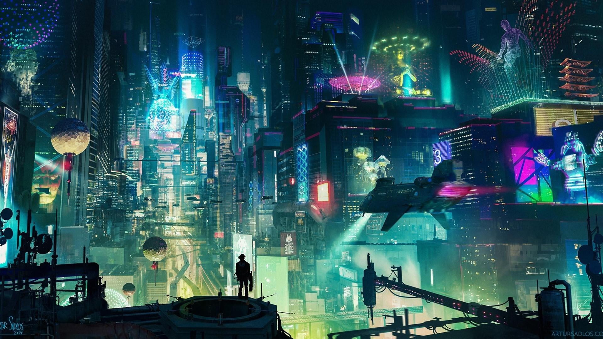 cyberpunk city, neon lights, artwork, scifi, science fiction
