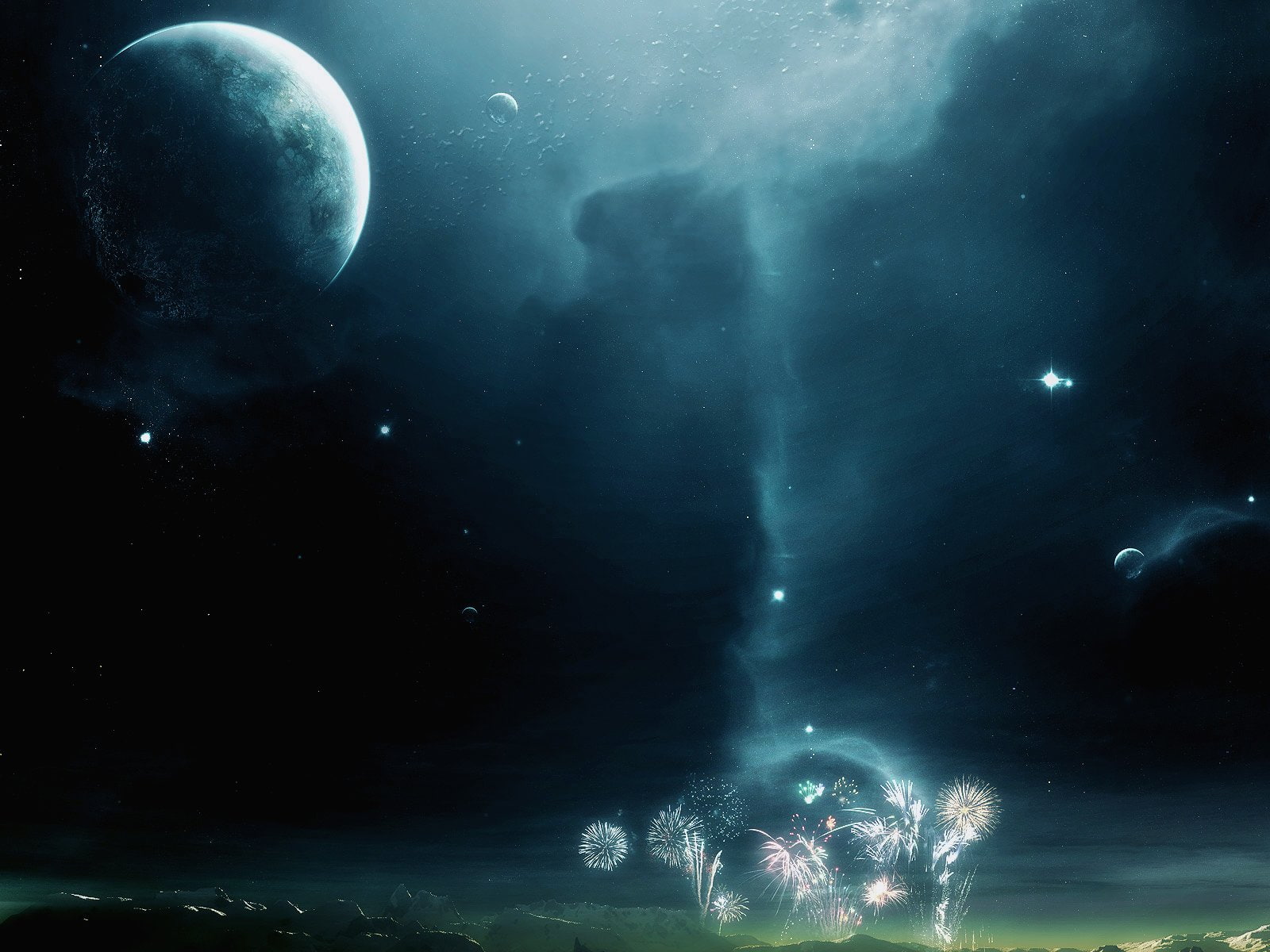 fireworks and moon illustration, Sci Fi, Planets
