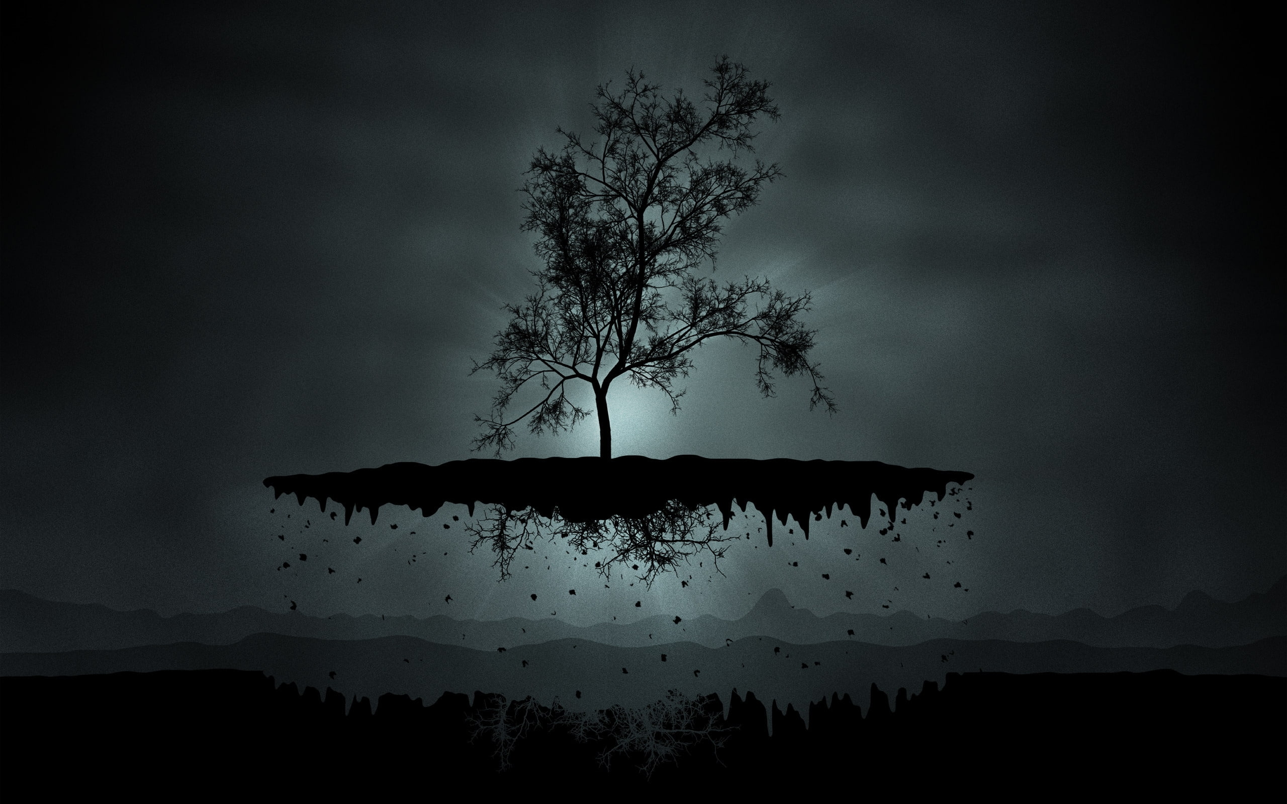 Trying to grow up, silhouette photo of floating tree, fantasy