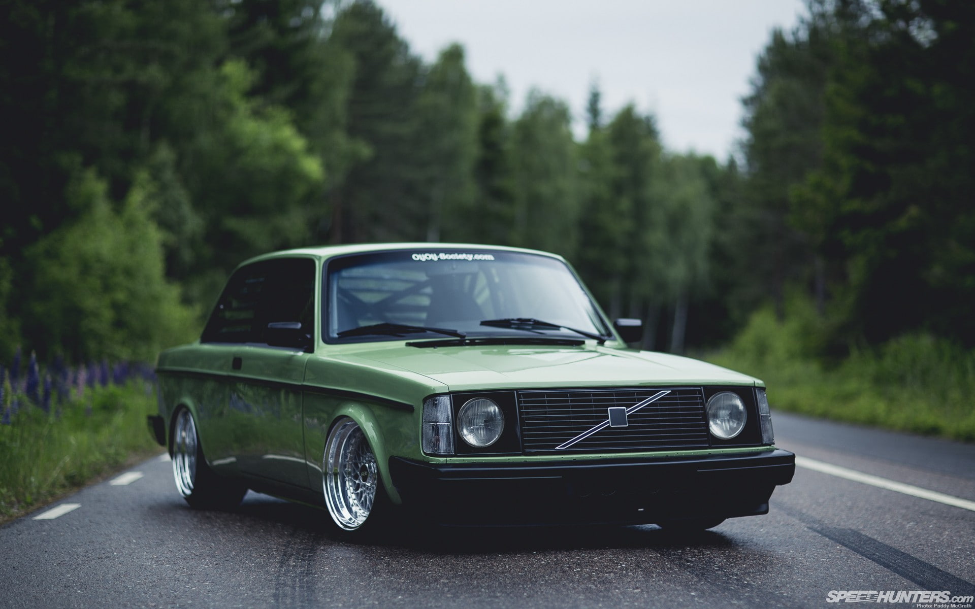 BBS, green, Stance, Volvo 240, road, car, trees