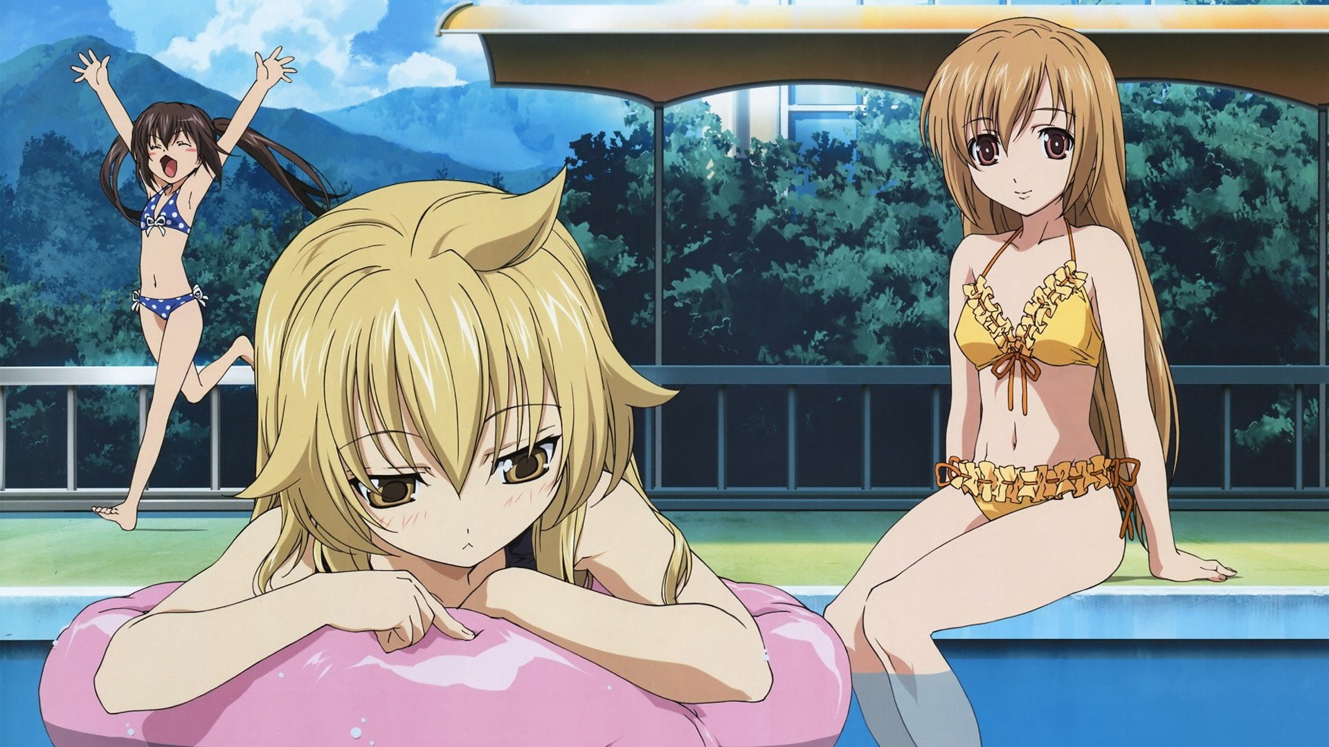 anime girls water anime blue bikinis yellow bikinis