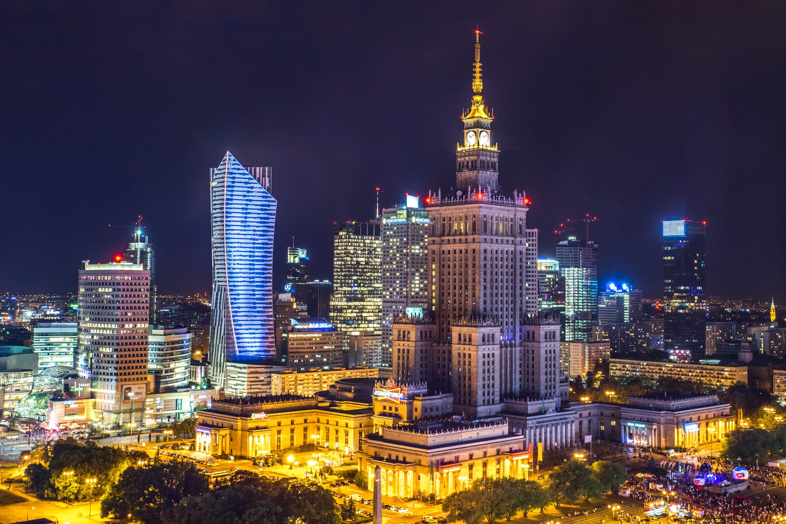 Poland, lights, night, HDR, Warsaw, city, skycrapers