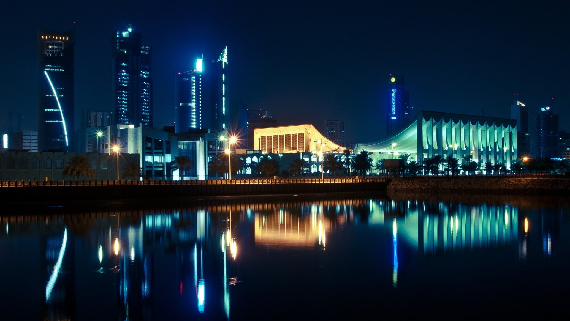architecture, city, cityscape, night, lights, building, Kuwait