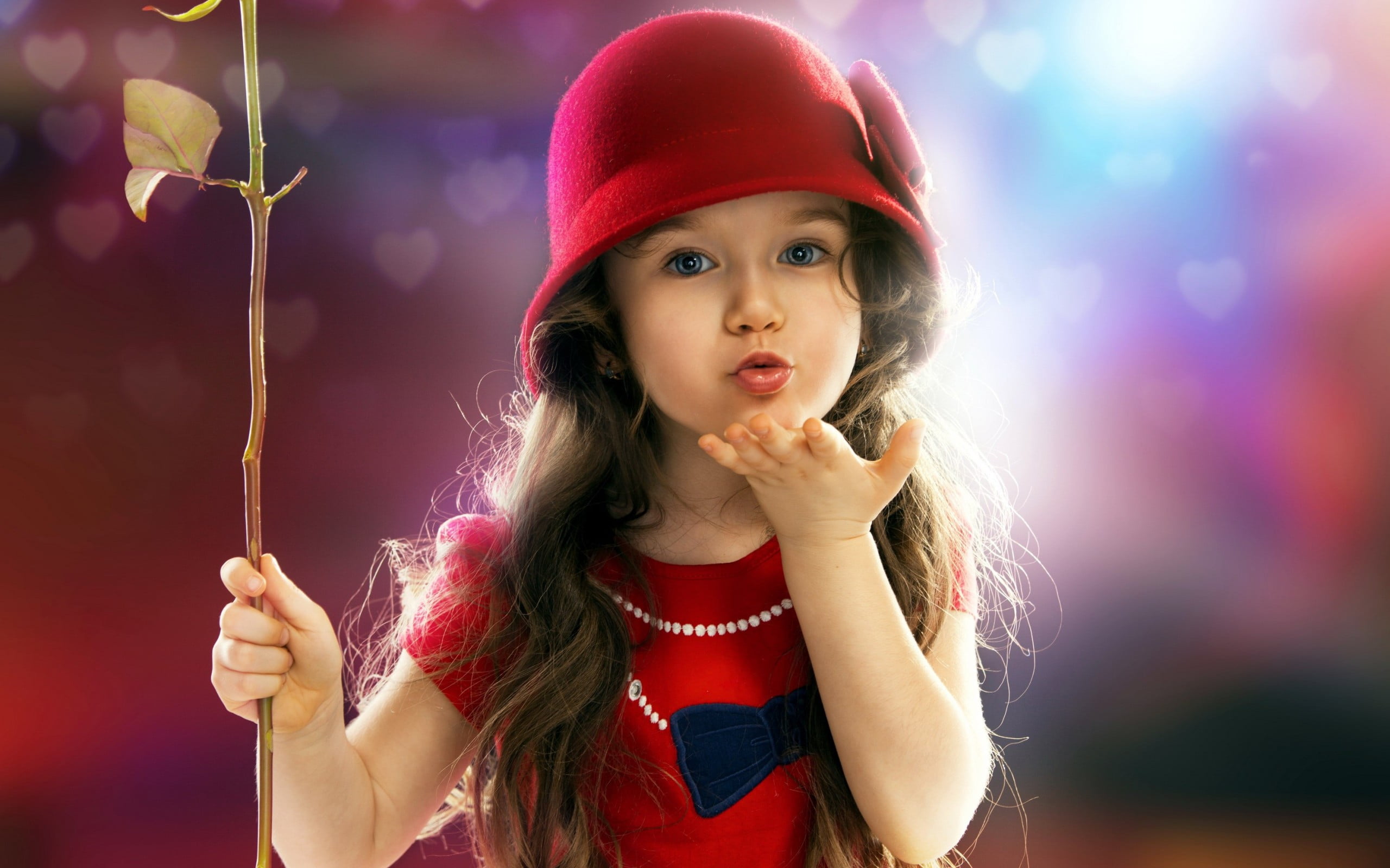 Cute Little Girl Send Kiss, girl's red hat, Baby, rose, portrait