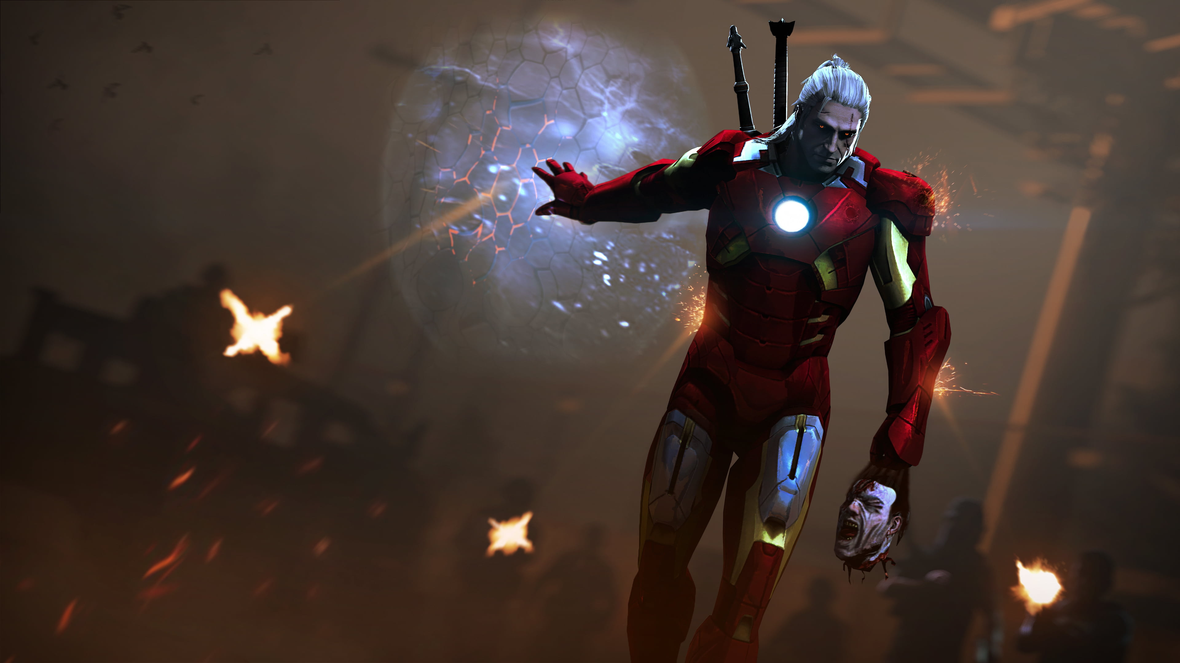 man in red robot suit illustration, sword, costume, Geralt, iron man