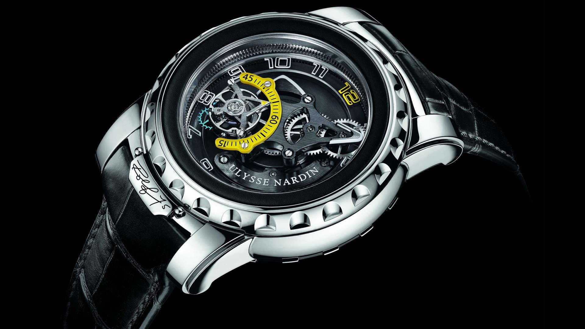 Ulysse Nardin HD, black leather strap silver skeleton watch, half open