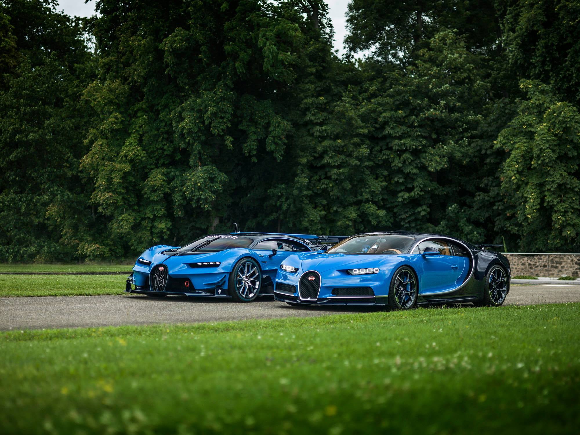 two blue sports cars, lawn, Bugatti, Vision, Gran Turismo, Chiron