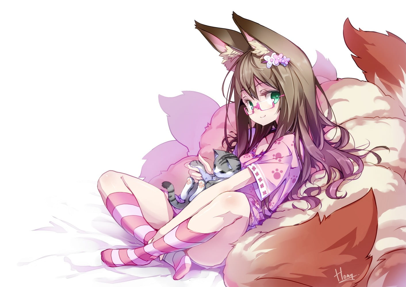 female anime character holding cat, anime girls, fox girl, animal ears