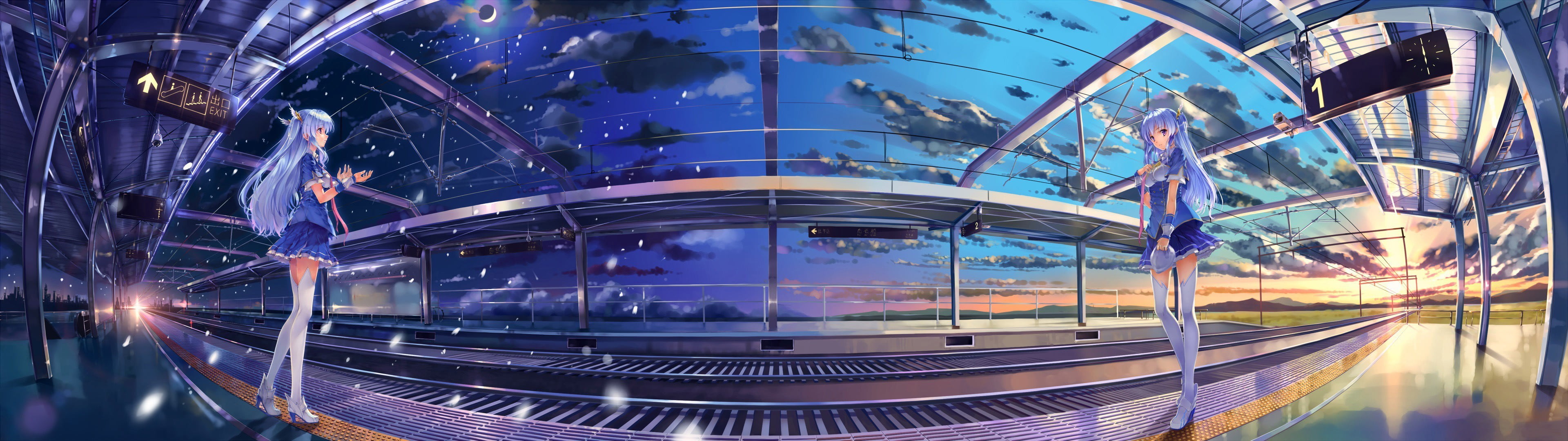 blue haired female anime character, sky, clouds, railway, multiple display
