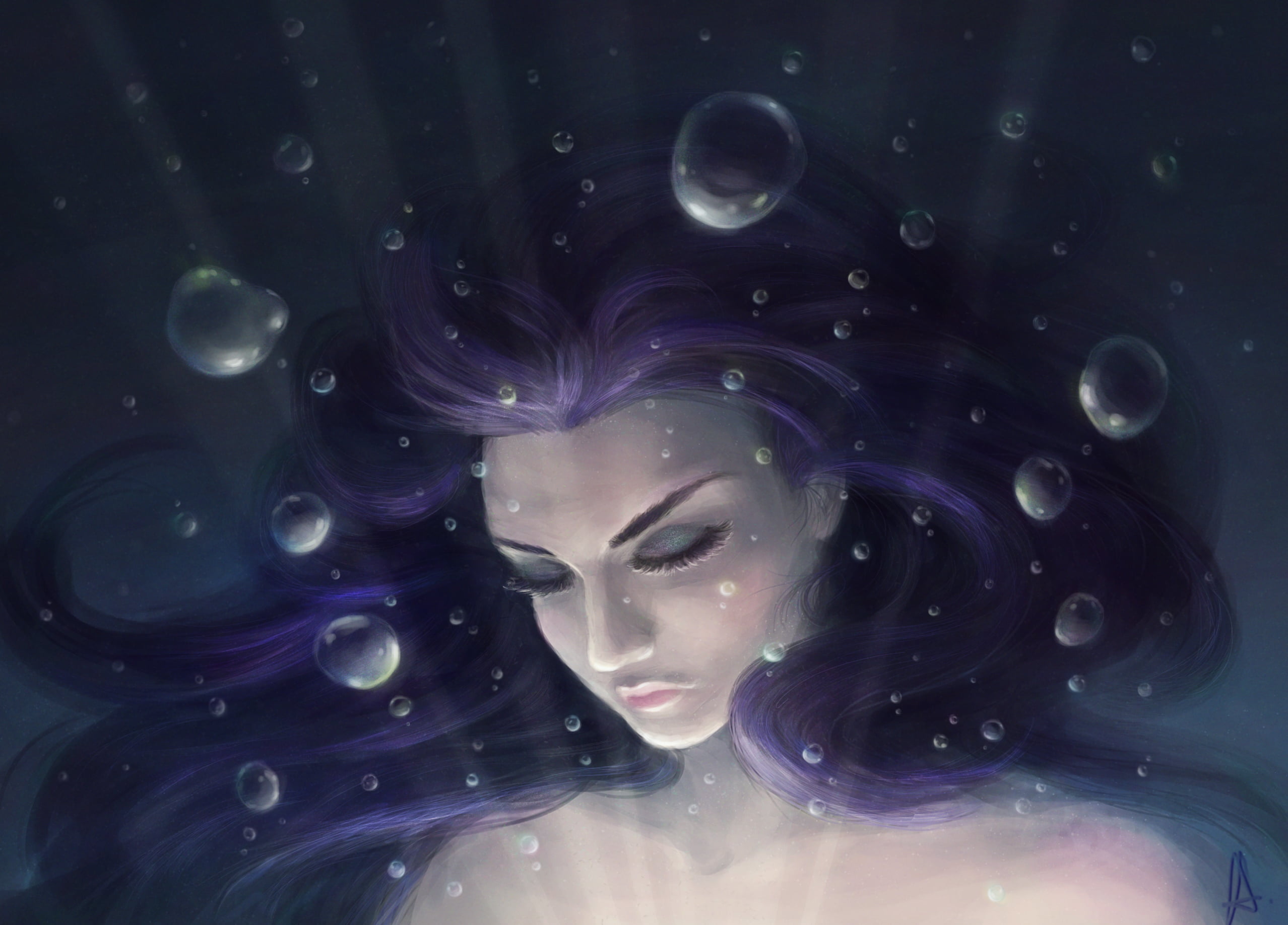 purple haired woman painting, girl, art, face, underwater, bubbles