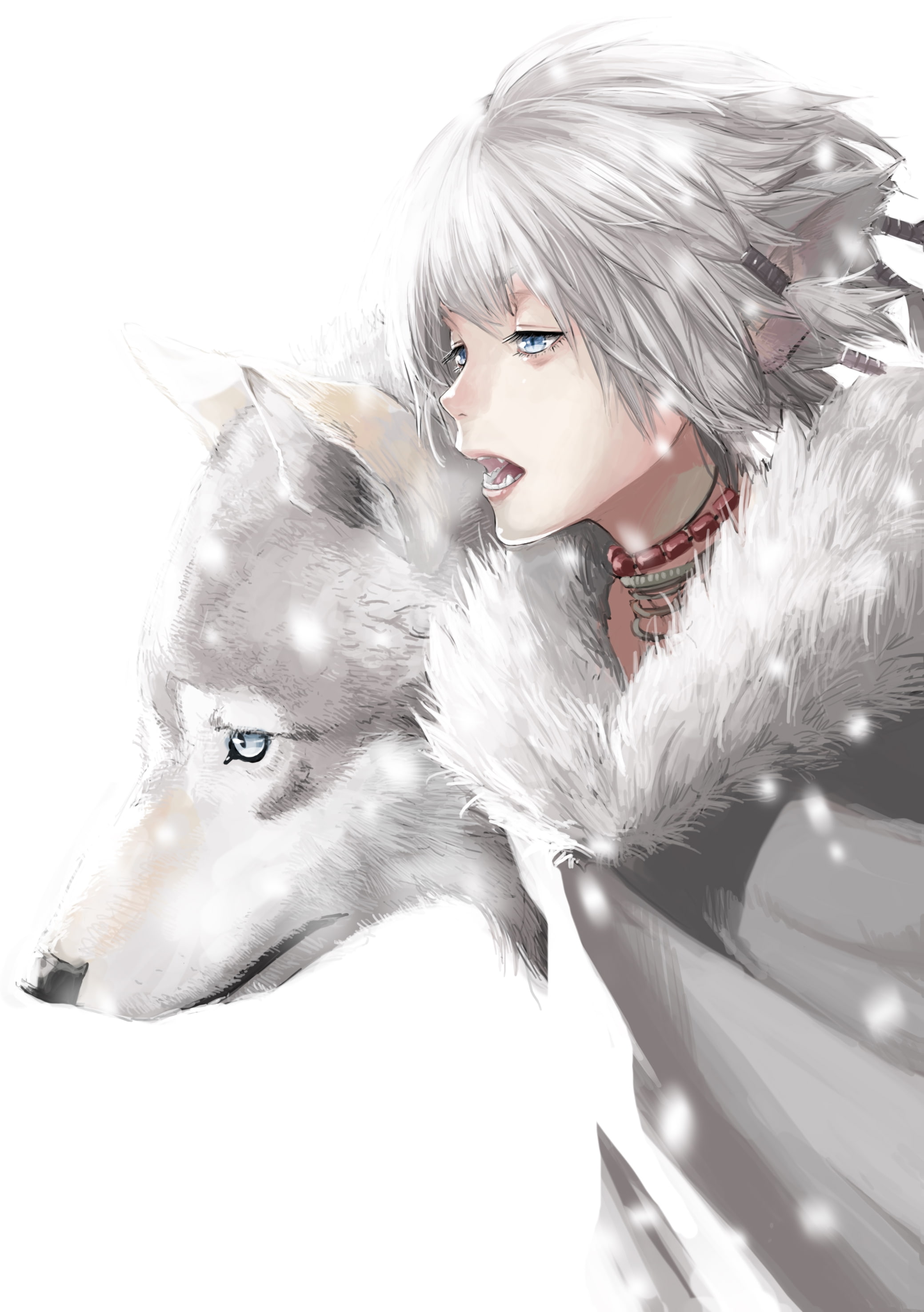anime boy, wolf, animal ears, gray hair, furry, sharp teeth