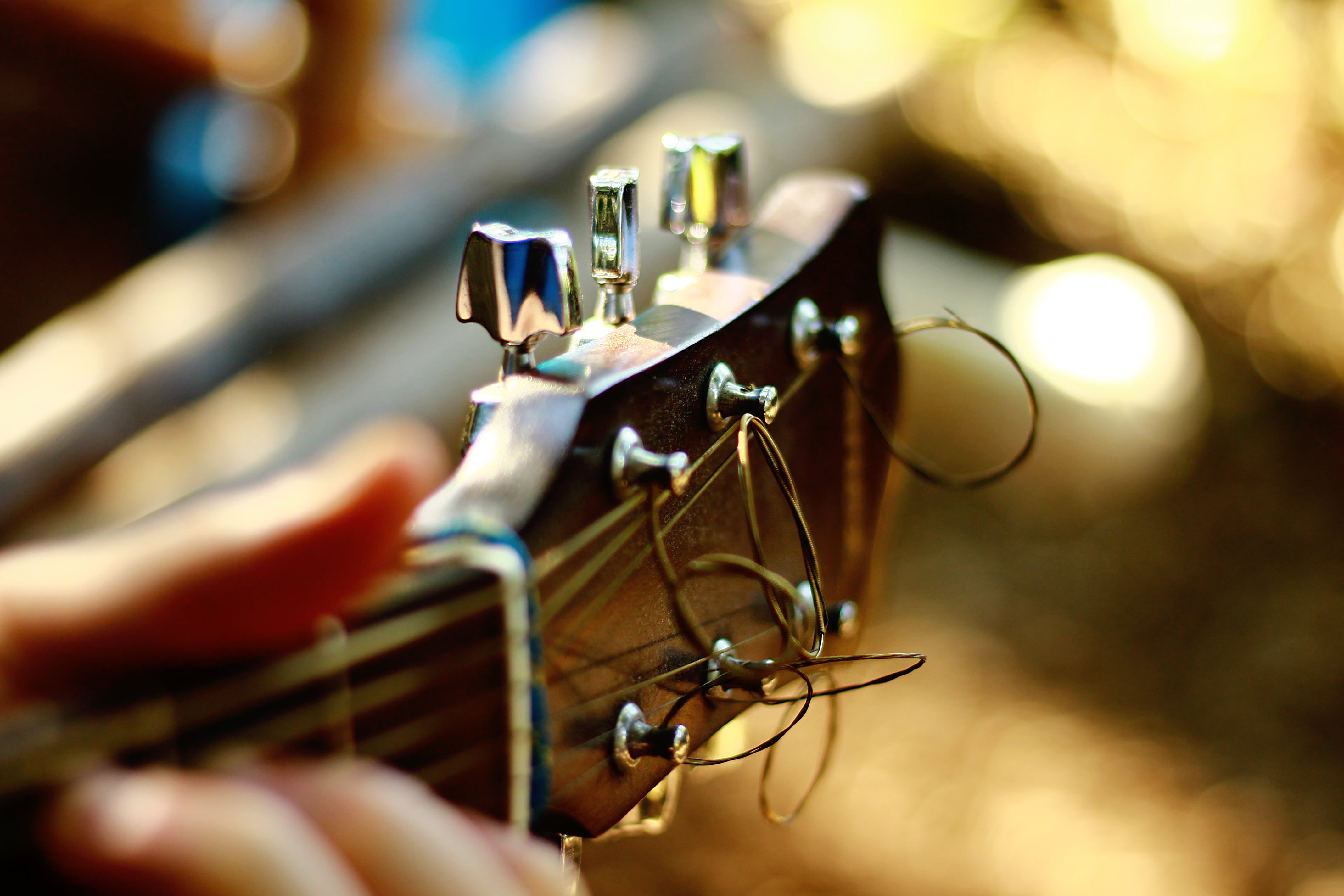 brown guitar headstock, fingerboard, strings, close-up, equipment