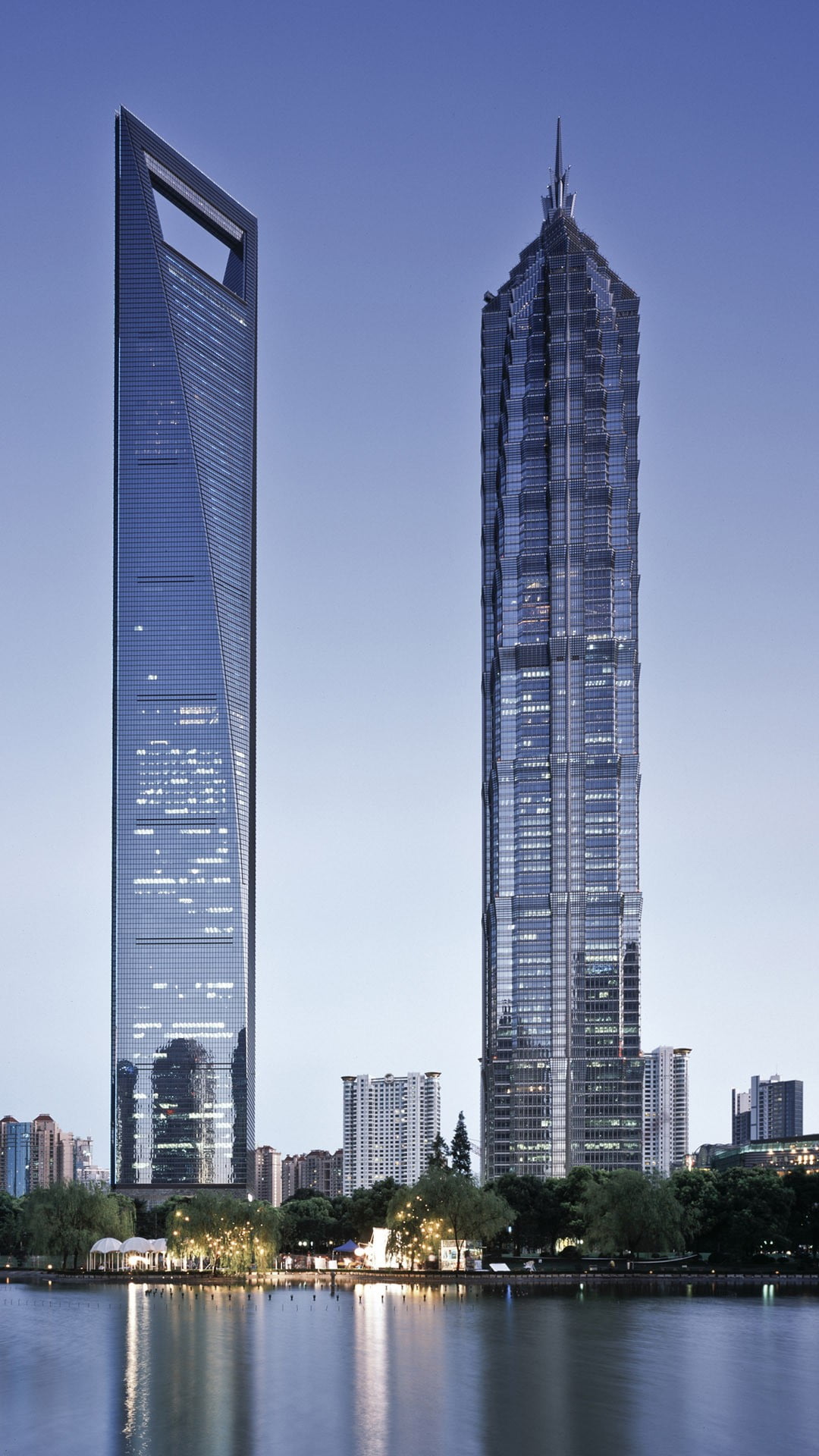 Shanghai trade center towers, architecture, portrait display