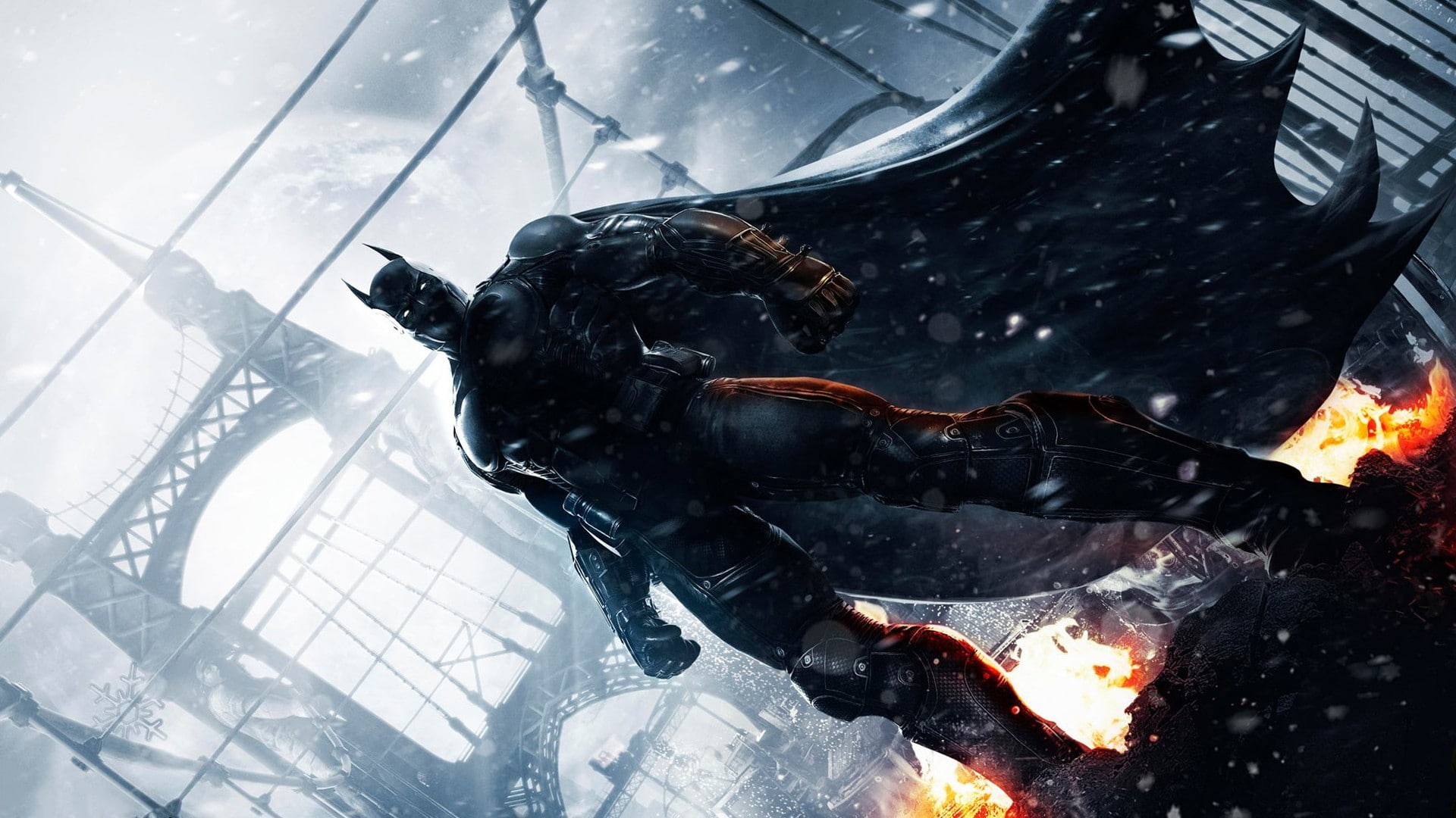 snow, bridge, fire, costume, armor, cloak, Bruce Wayne, Batman: Arkham Origins