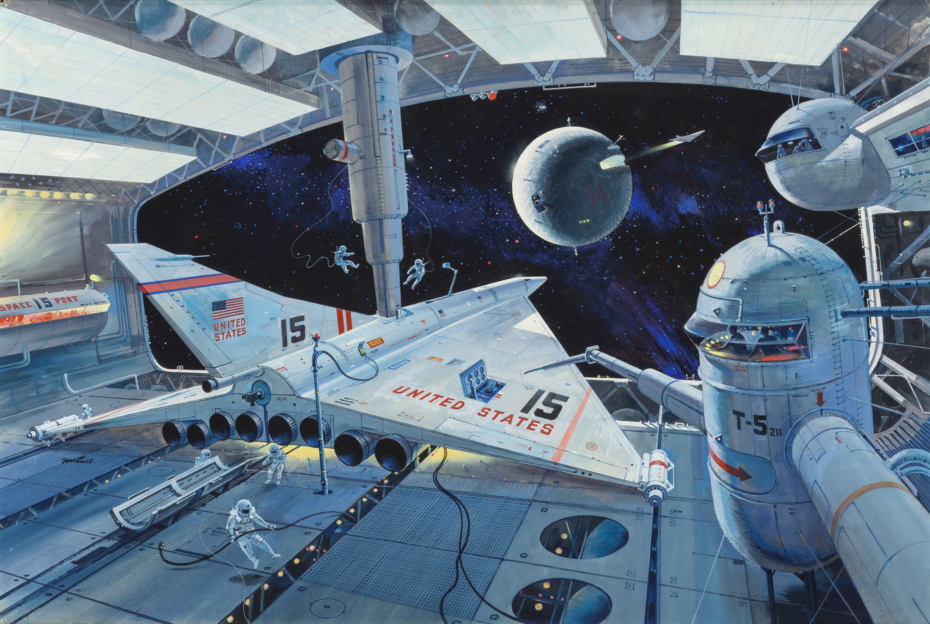 spaceship, hanger, retro science fiction, astronaut, USA
