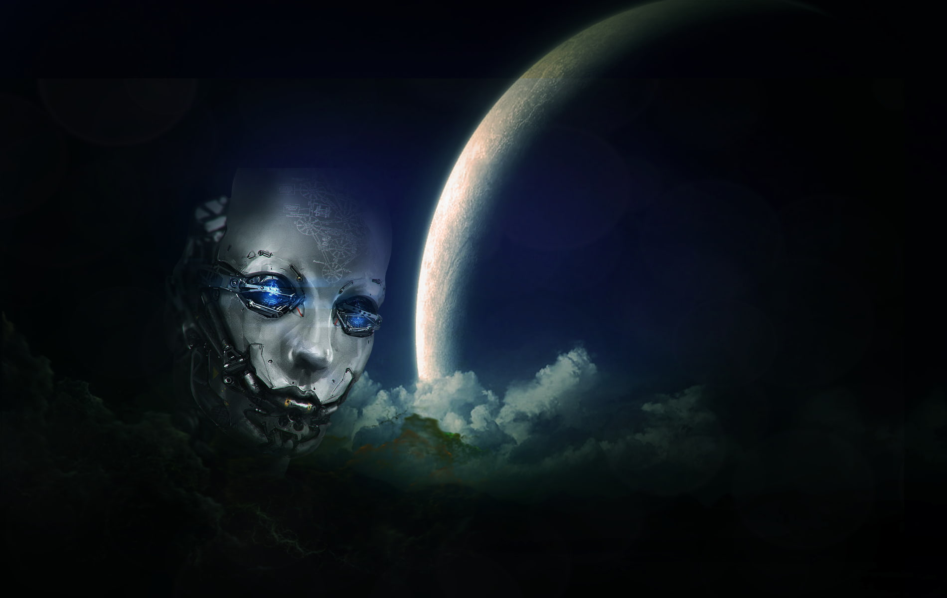 android, clouds, cyborg, face, planet, psychedelic, robot