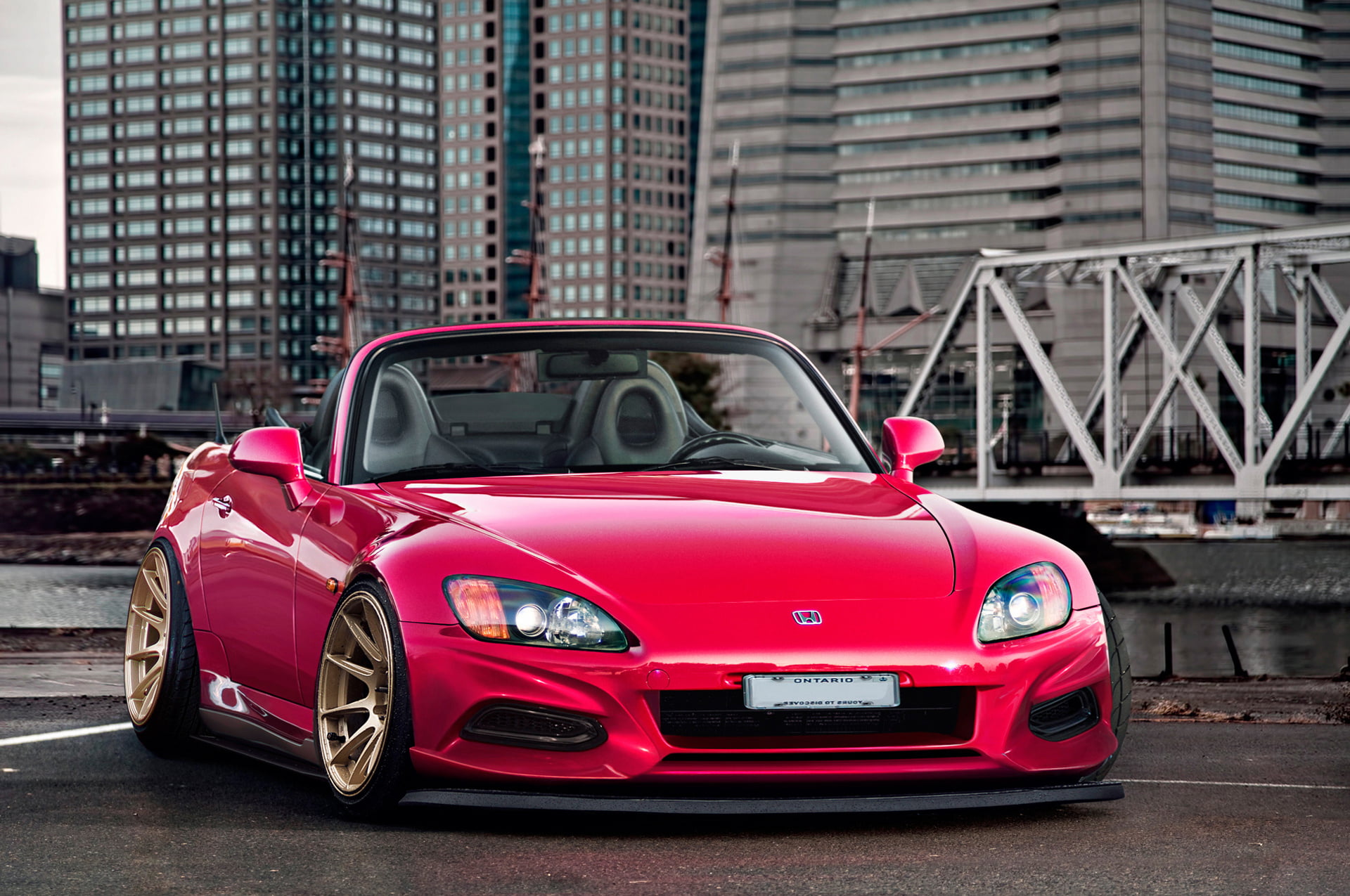 red convertible, honda, city, front view, roadster, s2000, car