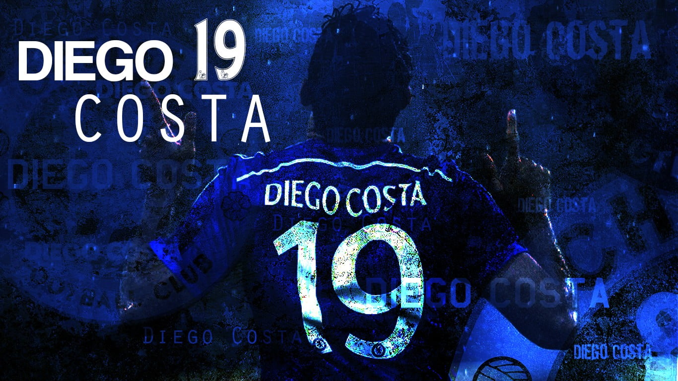 Diego Costa poster, Chelsea FC, soccer, text, communication, western script
