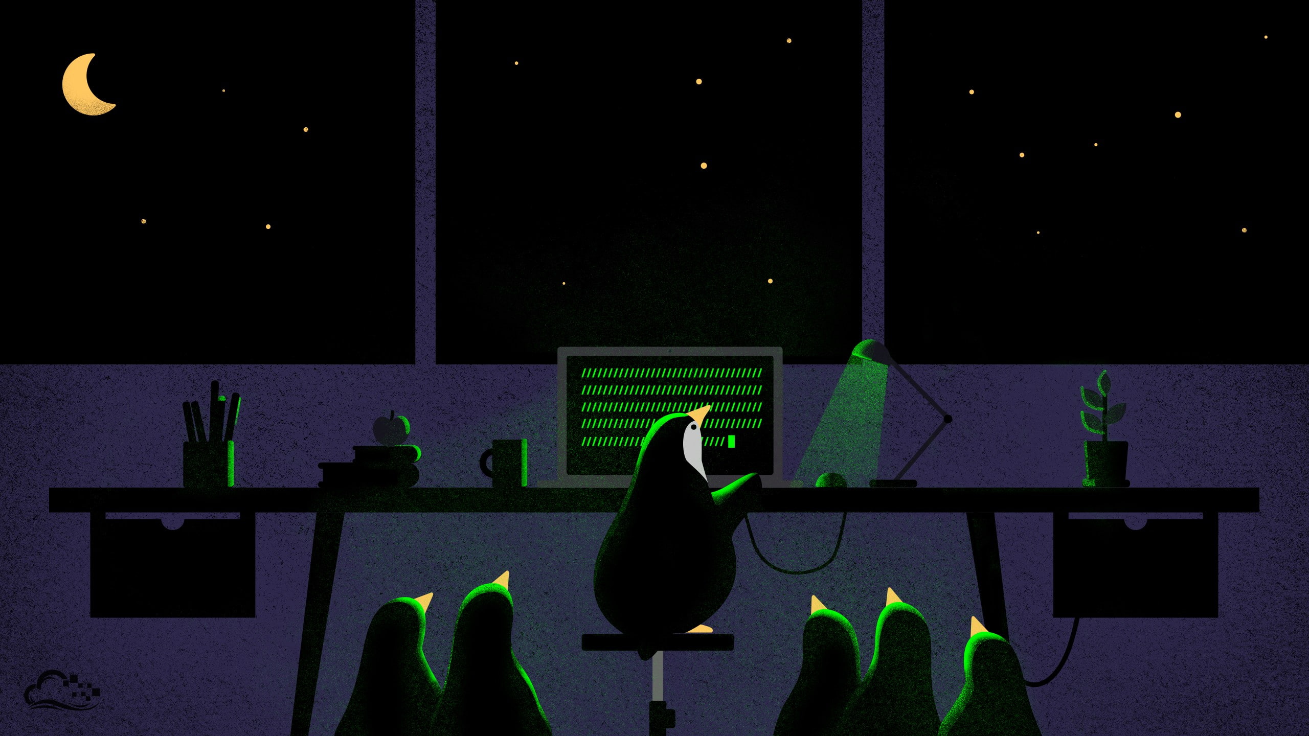 digitalocean penguins night computer, indoors, illuminated