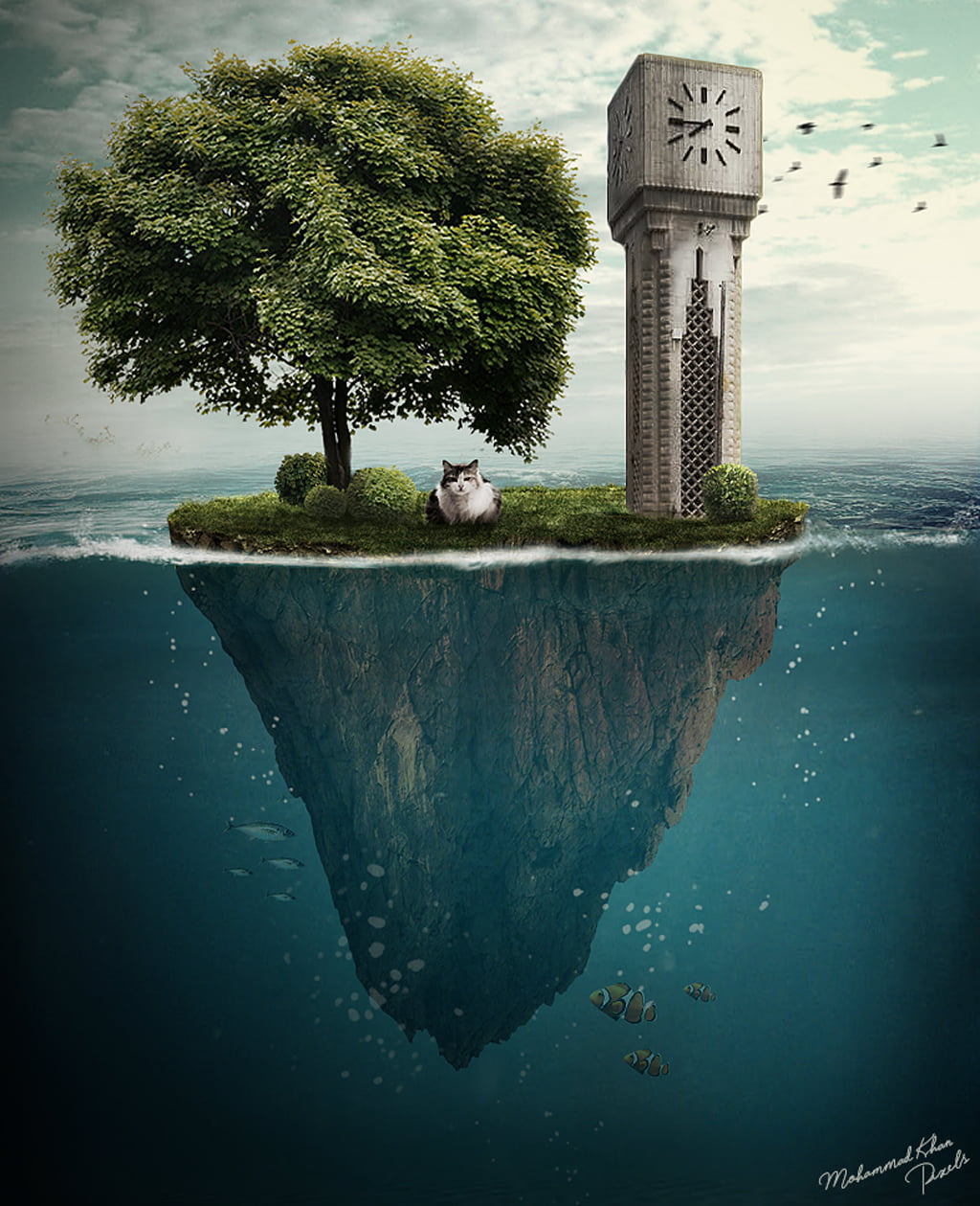 tower clock, MohammadKhan, nature, island, sea, cat, photo manipulation