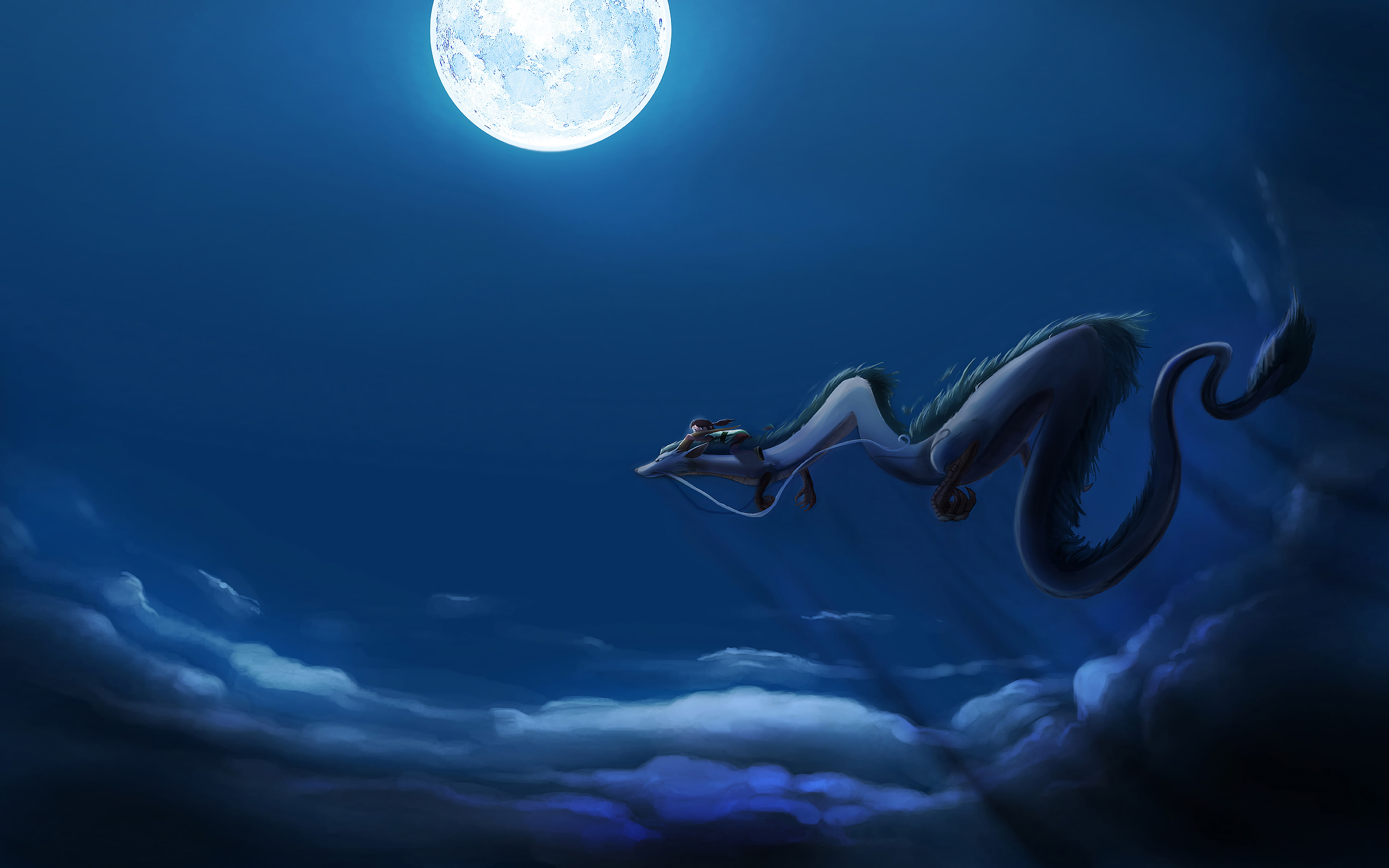 anime, fan art, Spirited Away, night, Moon, moonlight, clouds