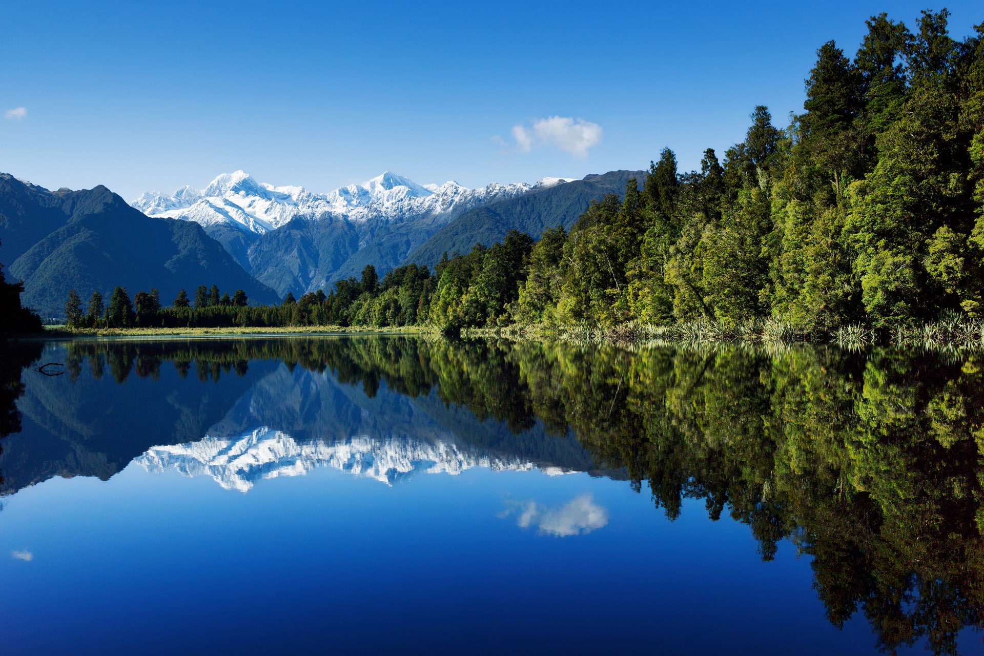 Lake Matheson, water, landscape, reflection, mountains, forest