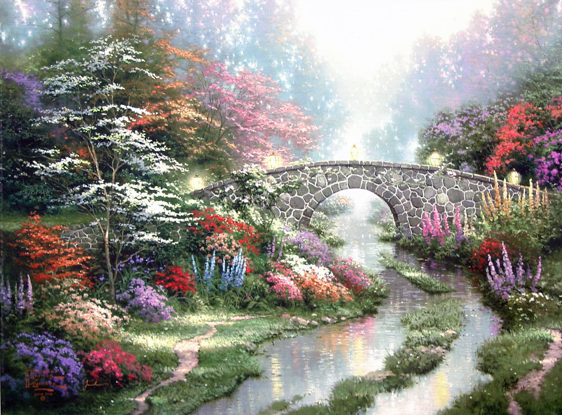 By Thomas Kinkade, bridge, flower, nature, river, painting, 3d and abstract