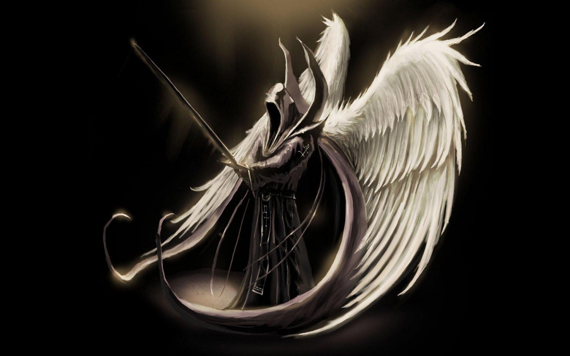 Fantasy, Angel Warrior, Dark, Hood, Man, Sword, Wings