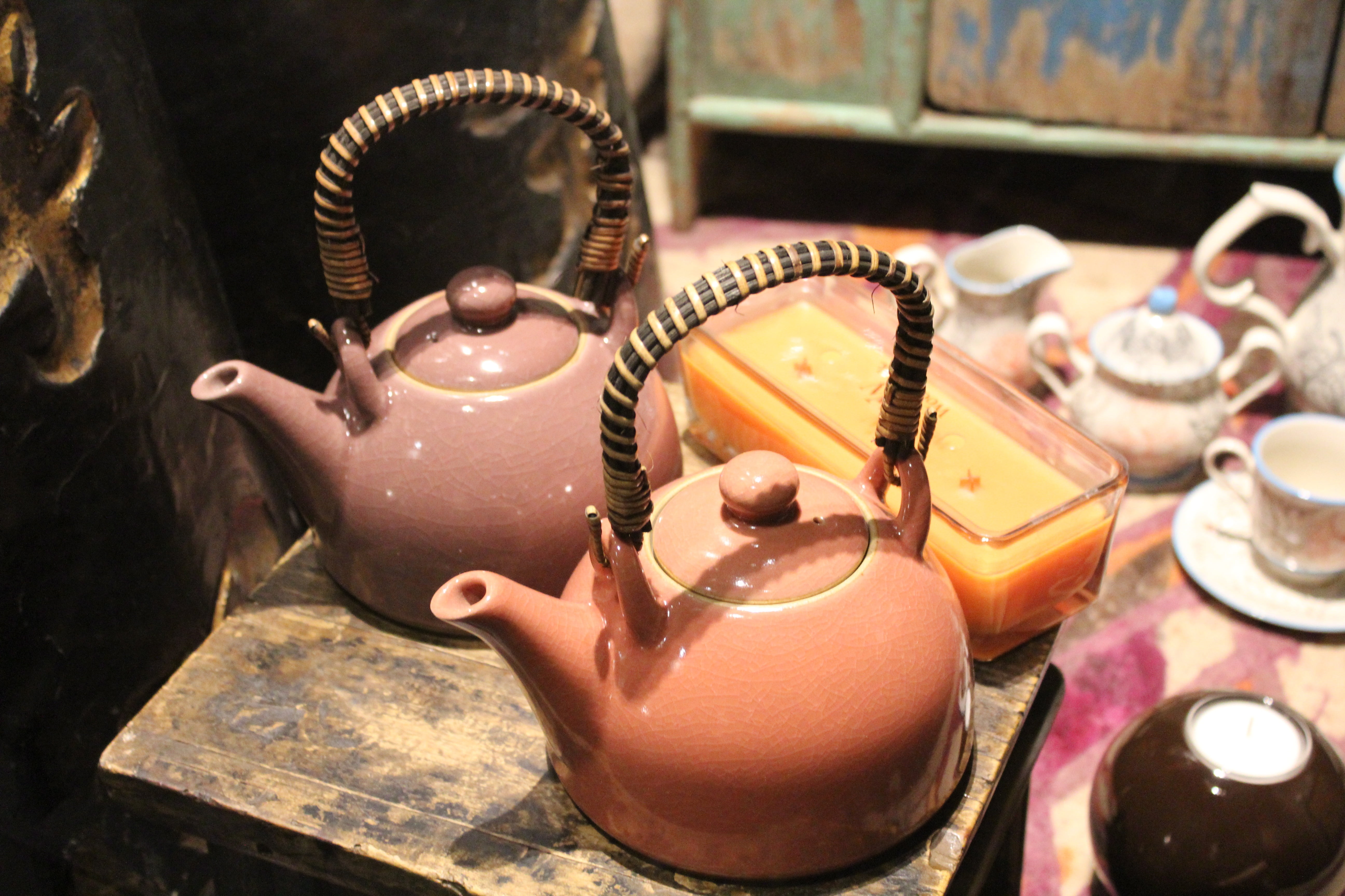 two pink kettles, dishes, cups, set, candles, teapot, tea - Hot Drink