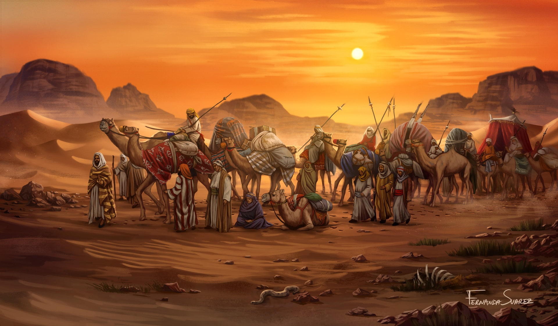 Sunset, Figure, The game, Caravan, Egypt, Art, Illustration