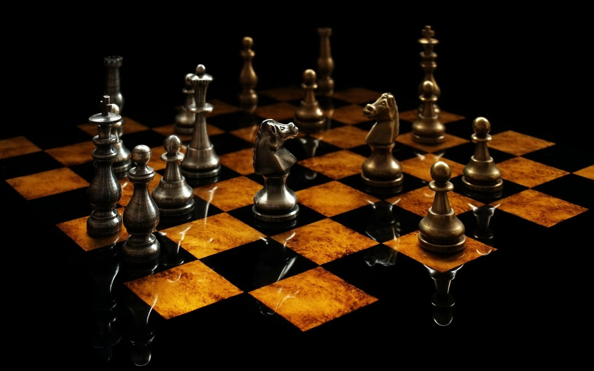 black and brown wooden table decor, chess, silver, reflection