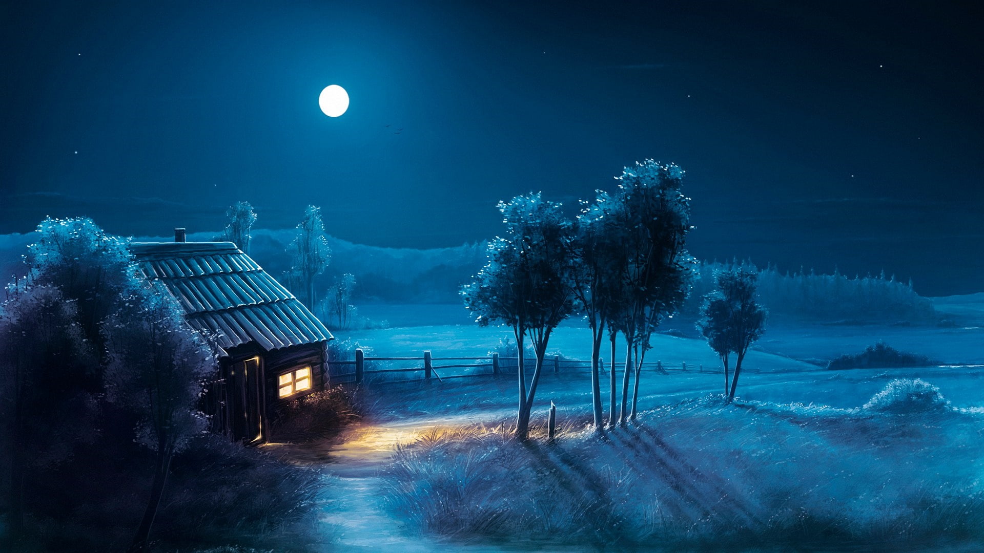 blue, house, moonlight, full moon, fantasy art, fantasy landscape