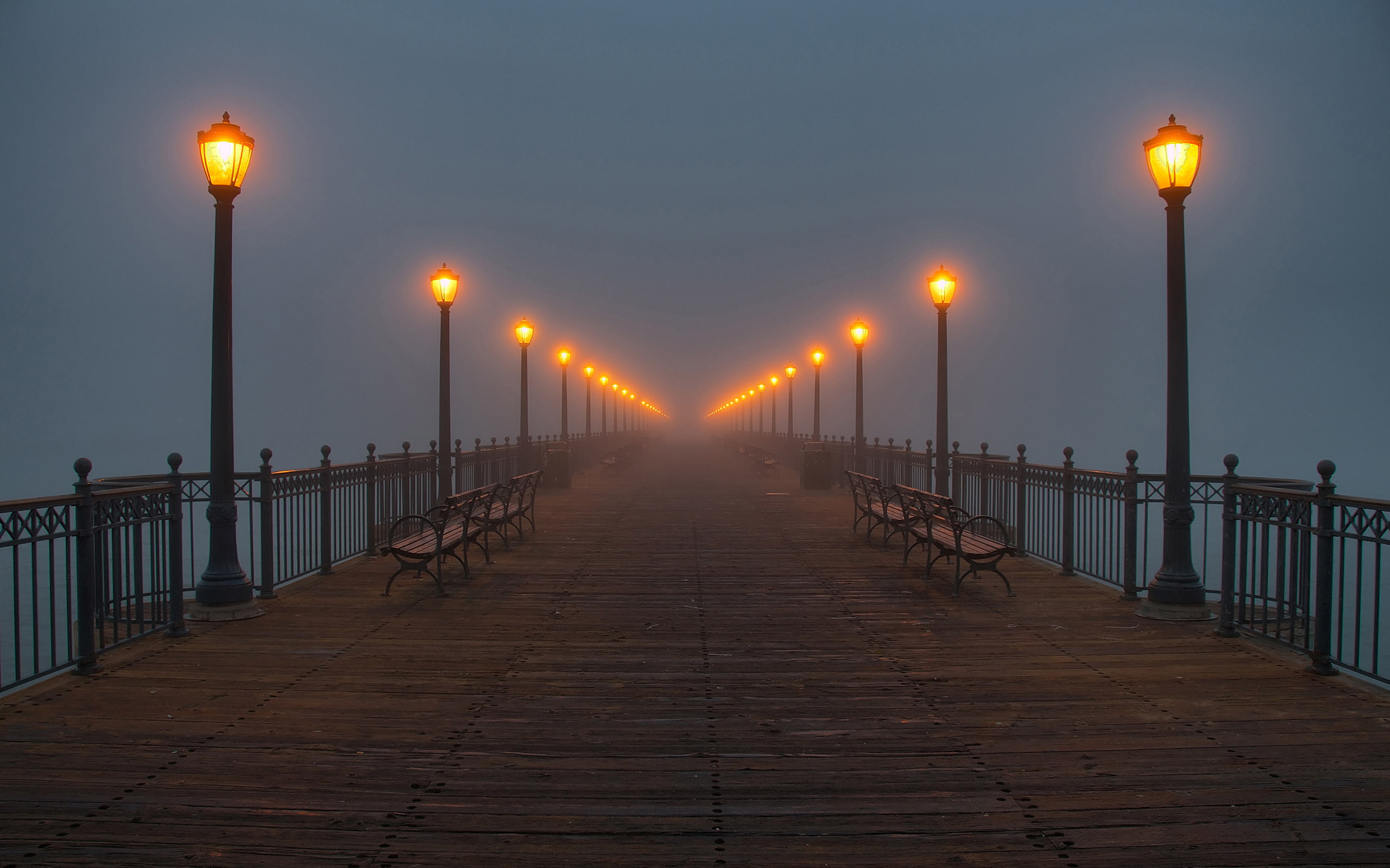 fog, lamps, pier, water