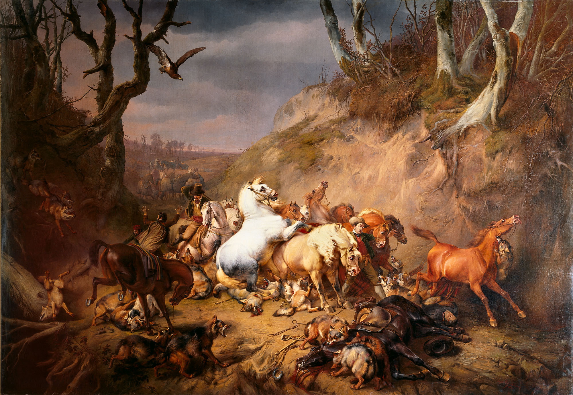 brown and white horse painting, landscape, people, eagle, blood