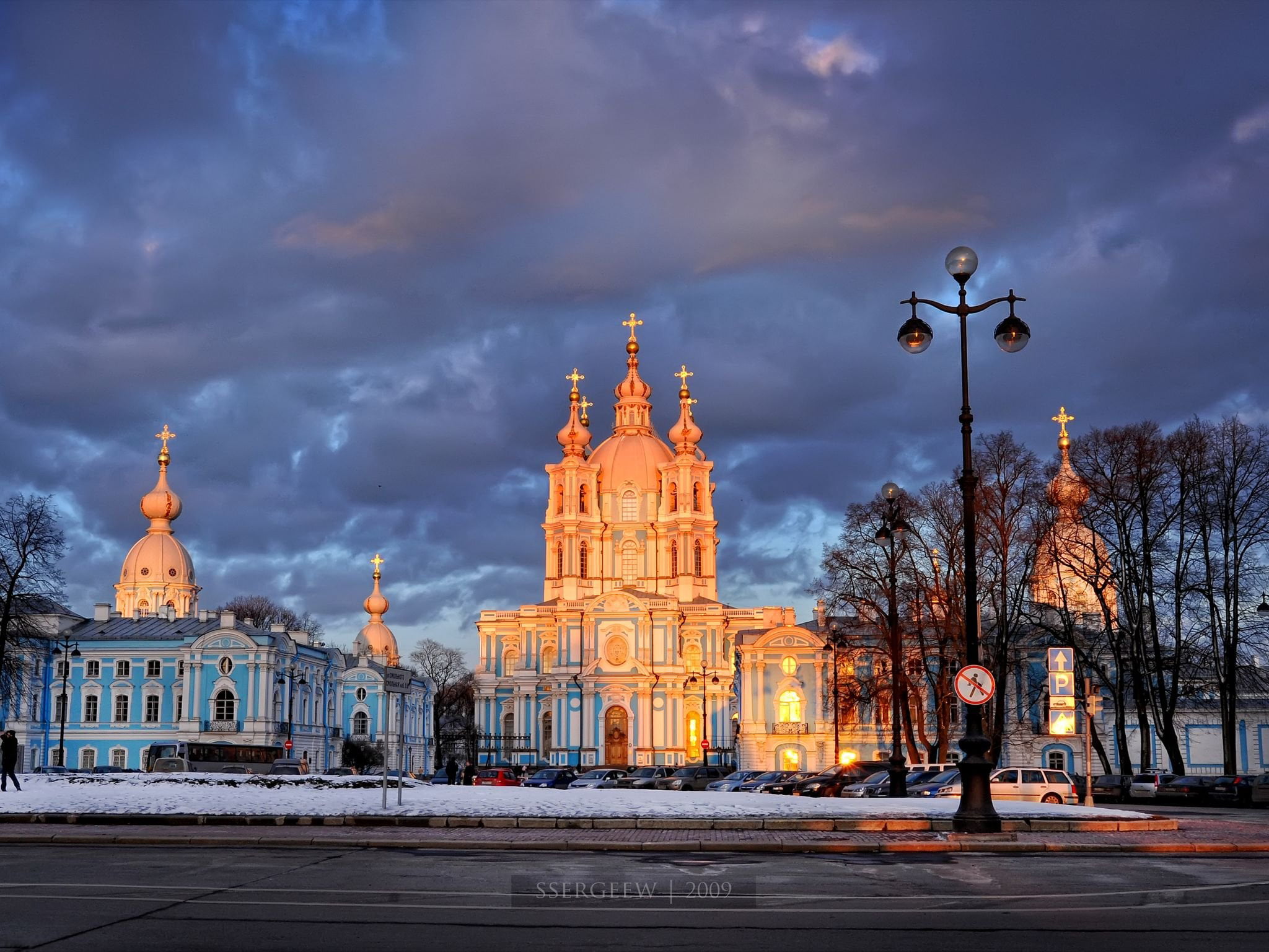 brown cathedral, Trees, Lantern, Saint Petersburg, Smolny Cathedral