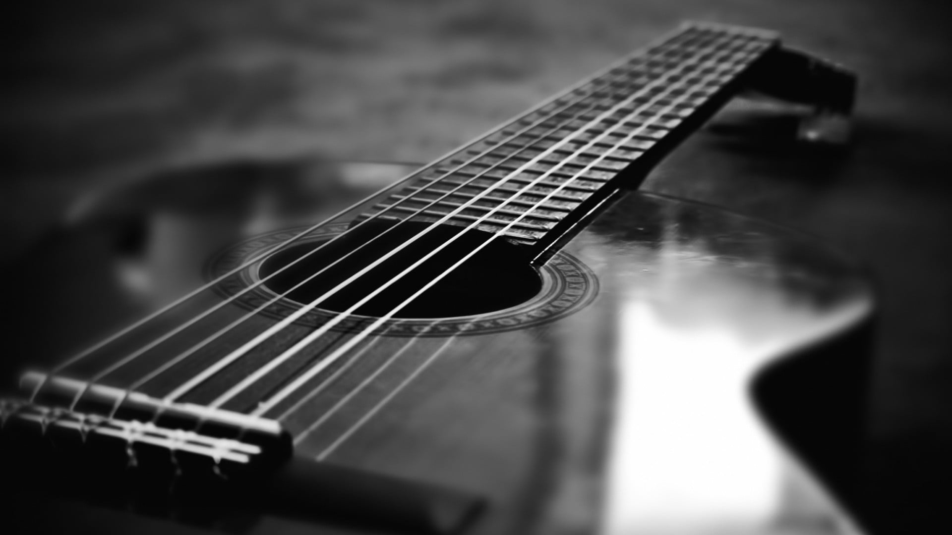 non-cutaway acoustic guitar, monochrome, music, musical Instrument