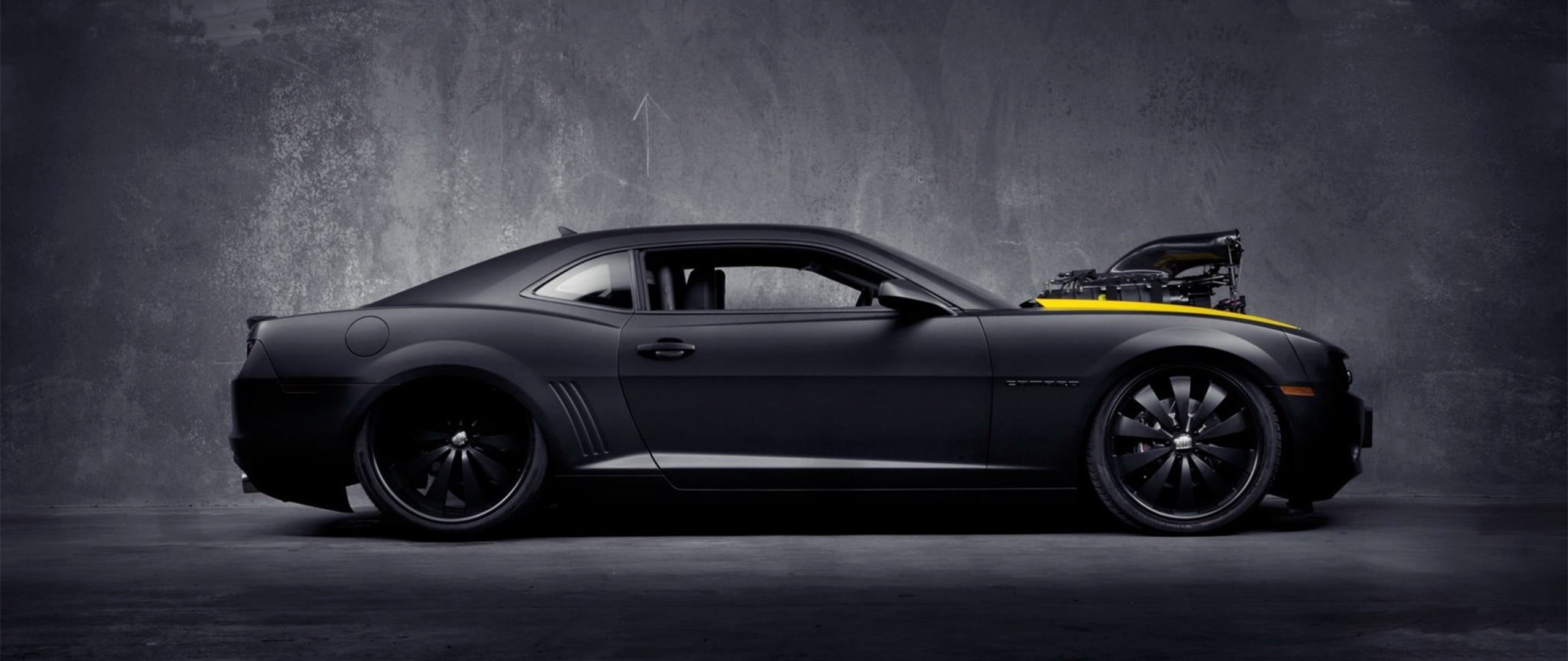 black coupe, ultra-wide, car, Chevrolet Camaro Bumblebee, motor vehicle