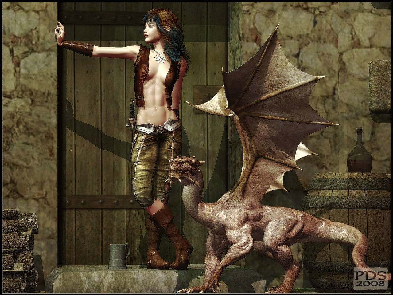 female game character and dragon illustration, Fantasy, CGI, Elf