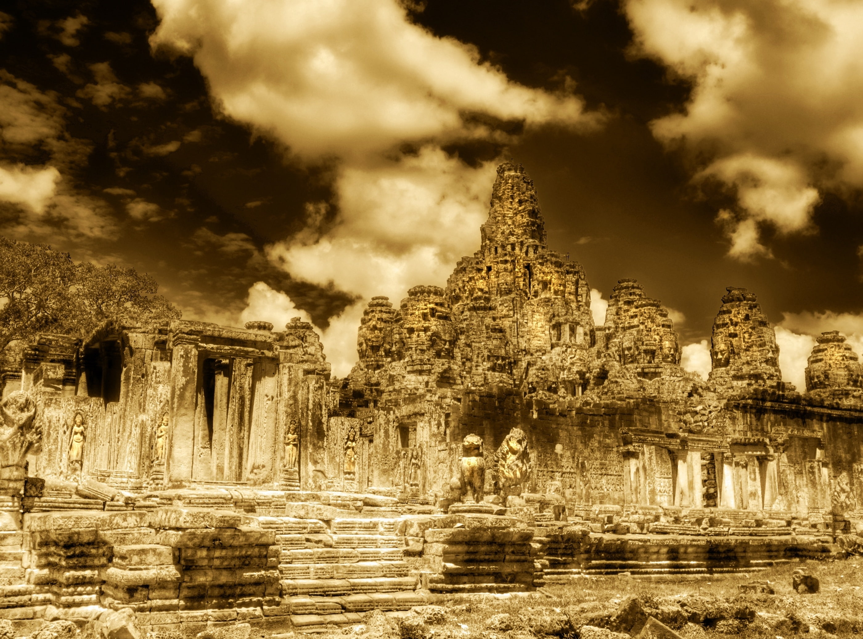 The Towers Of Angkor Thom, Cambodia, concrete structures, Vintage