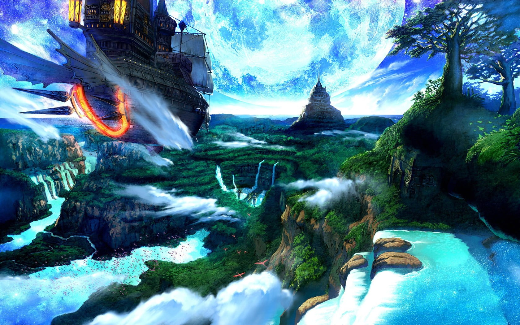 forest digital art, airships, fantasy art, waterfall, beauty in nature